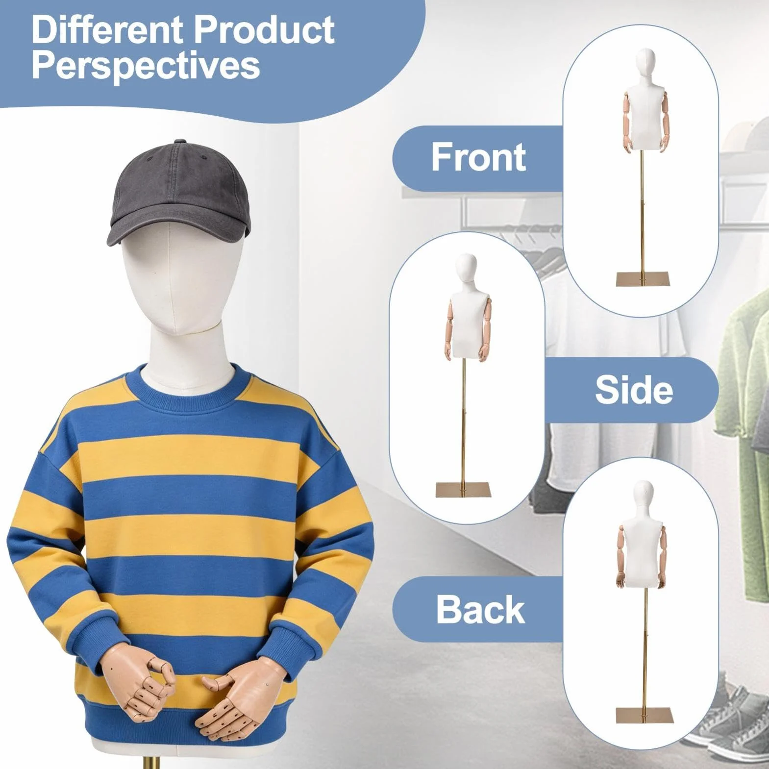 Maniquies Infantiles Ajustable de 132 a 185 cm Soporta 30 kg Brazos de Plásticos Duro Base Cuadrada Antideslizante –Ideal para Escaparates