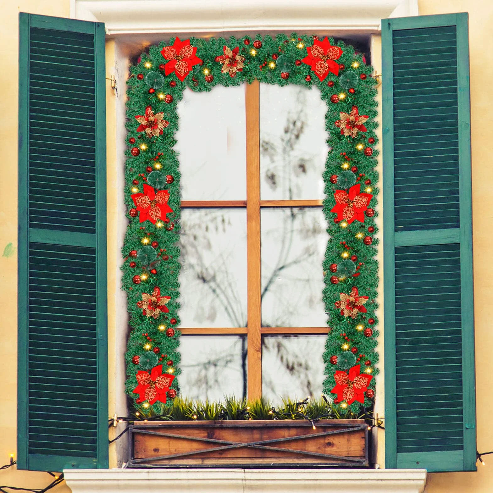 Guirnalda Navidad De 2,7 M/9 FT Con Luces Led, Decoraciones Artificiales para Puertas, Chimeneas, Escaleras y Árboles De Navidad