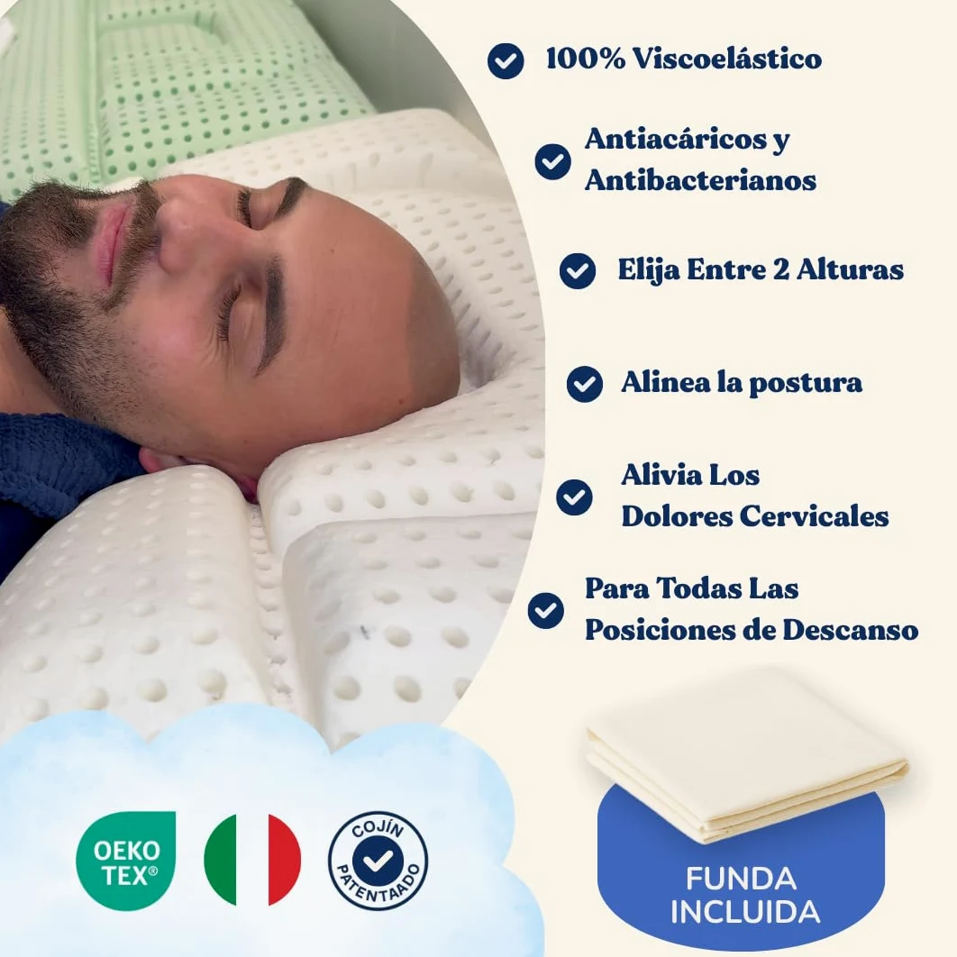 Almohada cervical de espuma viscoelástica – Almohada ortopédica patentada con dos alturas – Alivio del dolor de cuello – Transpirable, antiacaros, hipoalergénica, antirronquidos (Baja - 12 Cm) | Cojín ergonómico transpirable (70 x 40 cm) | Disponible en a