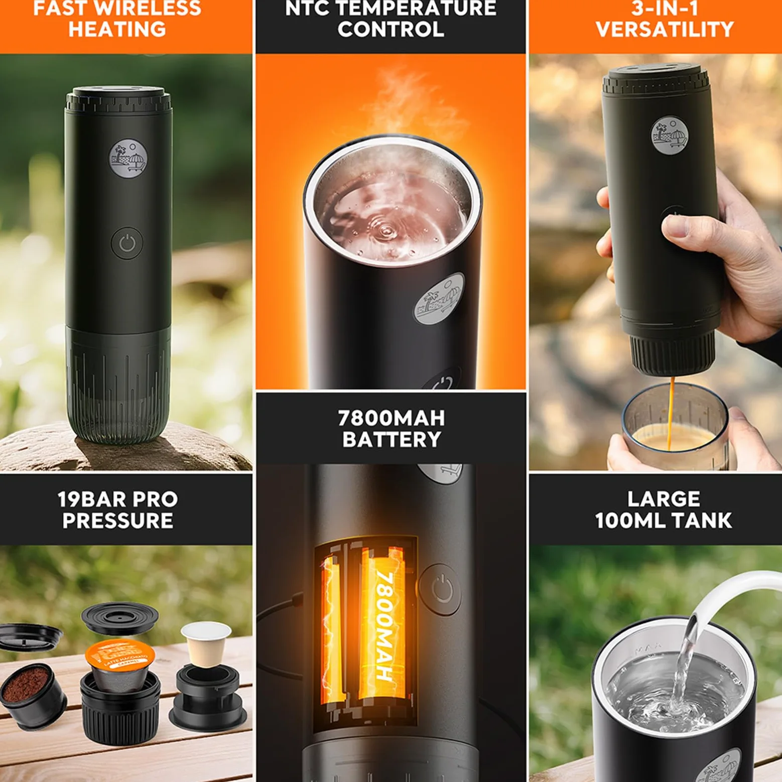 Máquina de café espresso recargable de 7800 mAh, 19 bares, diseño pequeño, apto para cafeteras de una sola taza doble, USB, cafetera