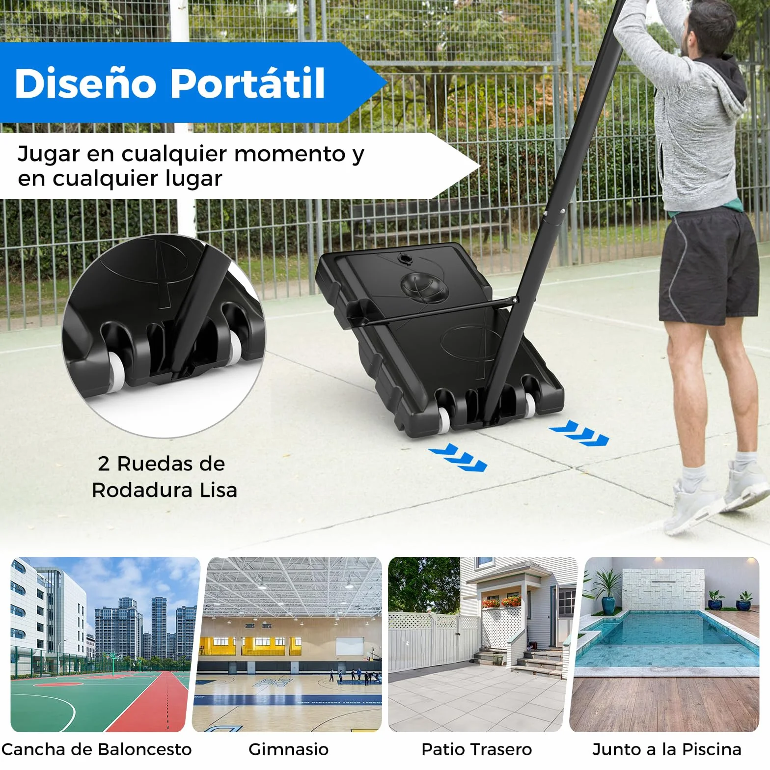 COSTWAY Canasta de Baloncesto Altura Ajustable 10 Niveles 1,49-3,05 M Exterior Interior 2 Ruedas Base Rellenable