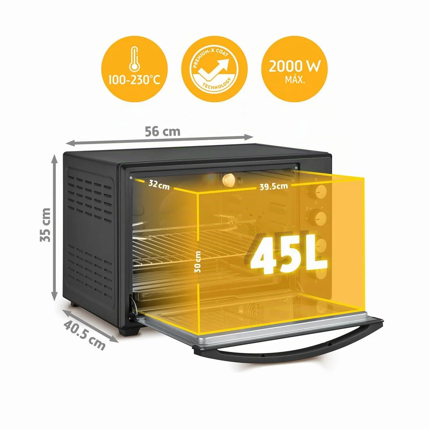 TZS First Austria - Mini Horno 45L 2000W - Minihorno para pizza hasta 230°C y revestimiento antiadherente - Con temporizador 60 min, 4 alturas de inserción, bandeja, rejilla y asador giratorio