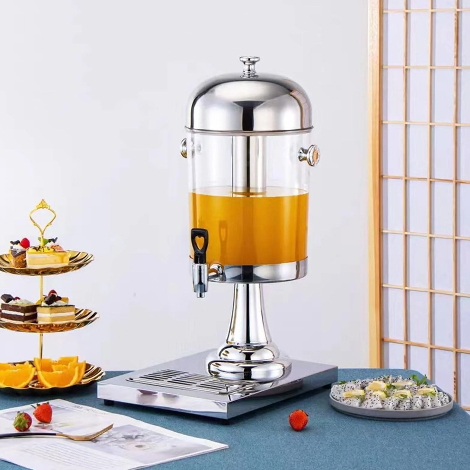 Dispensador de bebidas de 8 L con espiga y bandeja de cámara de hielo, dispensador de bebidas de acero inoxidable y plástico para fiestas y eventos, ideal para zumos y bebidas frías