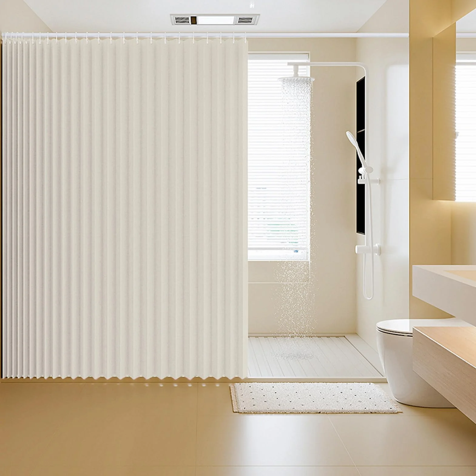 Icegrey Cortina de Ducha magnética Plegable Impermeable con Ganchos, Cortinas de Ducha de Lino poliéster en Acordeón para baño, Beige, 200x180cm