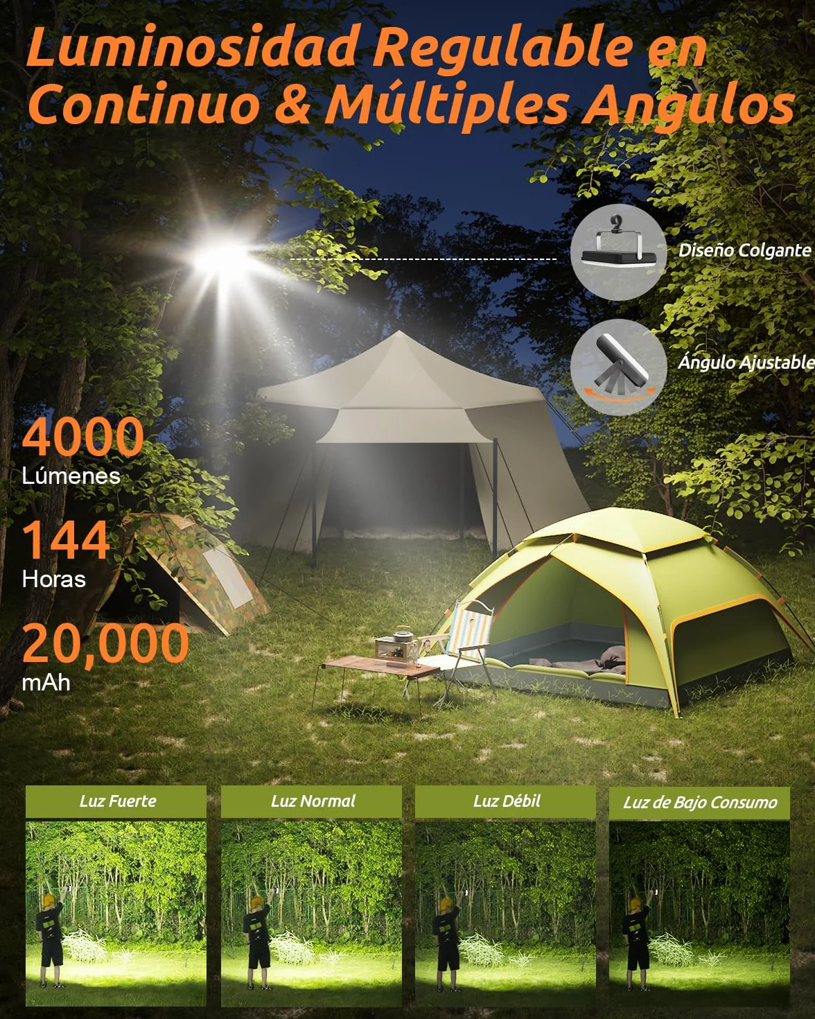 Eventek Lampara Camping 4000LM 20000mAh Recargable IPX5 Impermeable 4 Modos 144 Horas