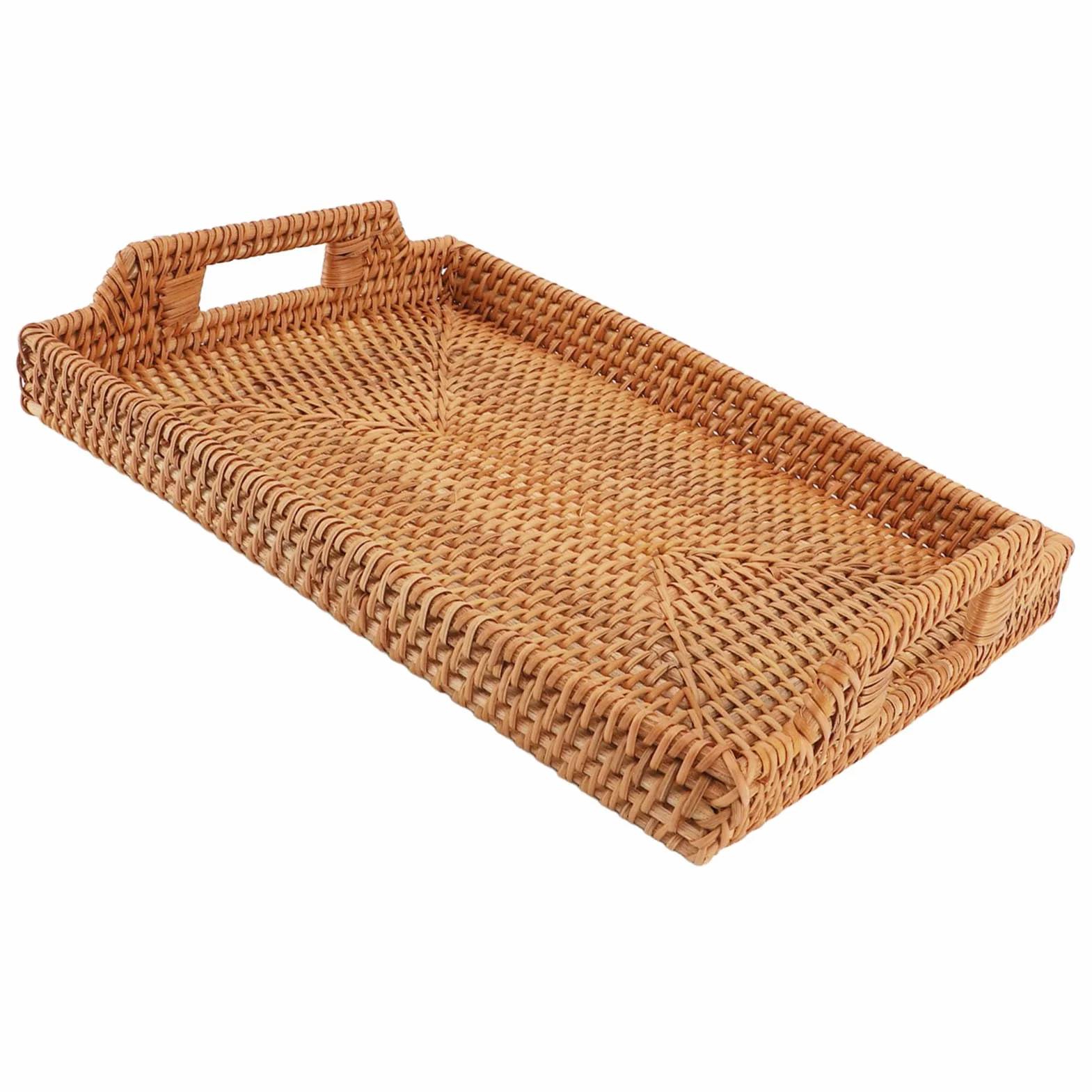 Nikou Bandeja de servir de ratán rectangular 34 × 25 × 4 cm, bandeja tejida a mano con asas, bandeja decorativa de mimbre para servir, para desayuno, bebidas, aperitivos, comida o mesa de café