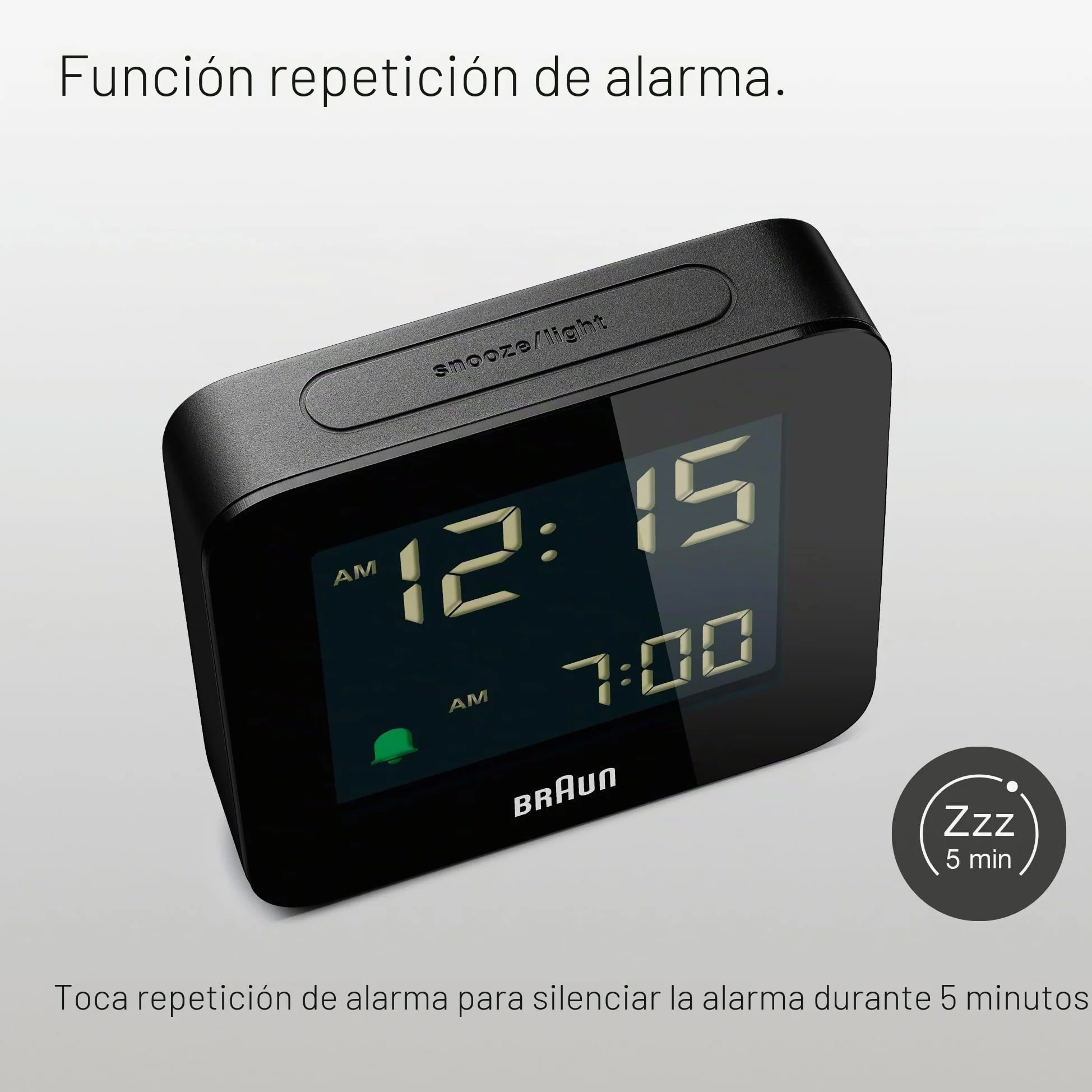 Braun Reloj Despertador Digital Snooze, Pantalla LCD Negativa, configuración rápida, Alarma Crescendo Beep en Negro, Modelo BC09B