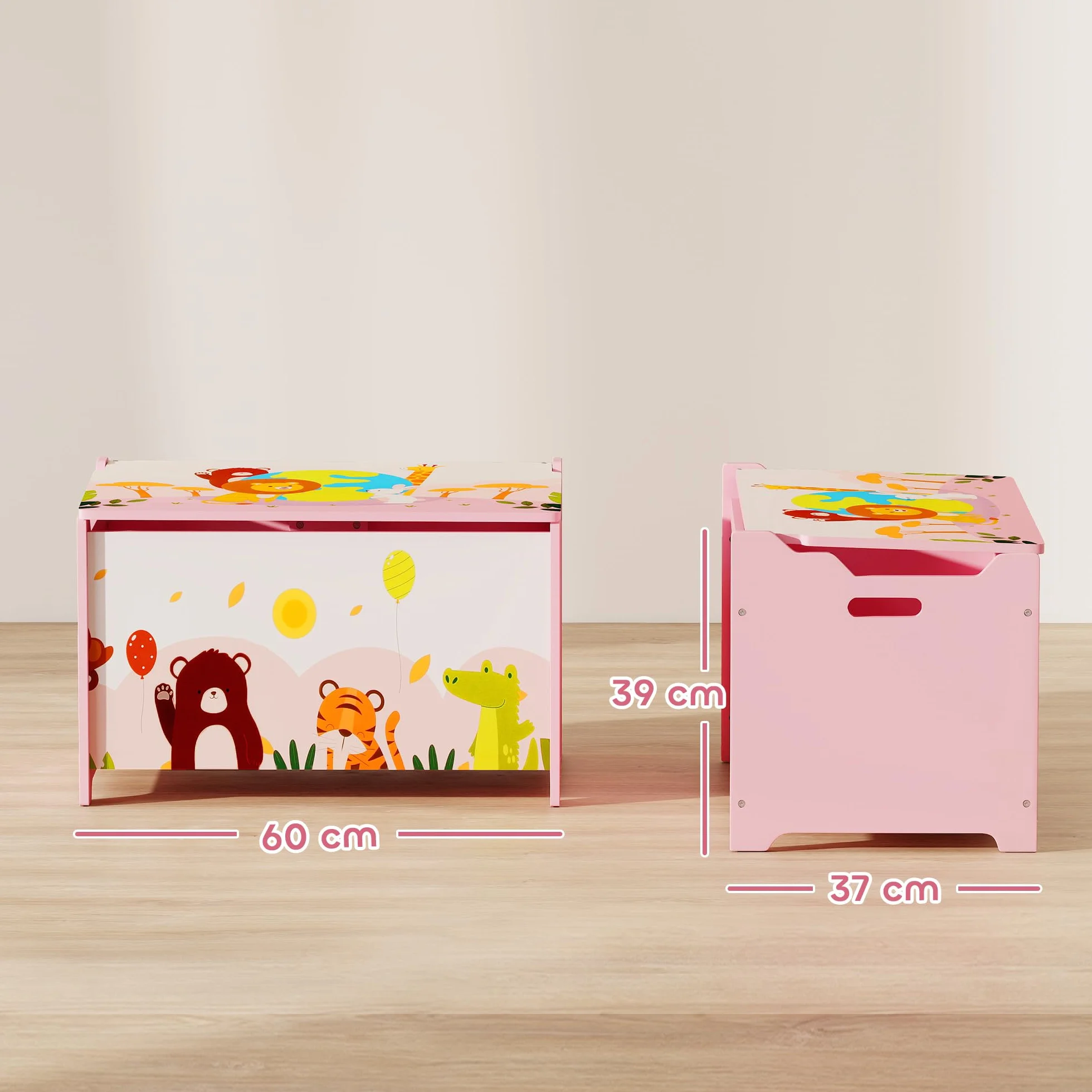 AIYAPLAY Caja de Almacenaje de Juguetes, Baúl Juguetes Infantil, Tapa Abatible con Cierre Suave, Asas, Estampados de Animales, para Libros, Ropa en Dormitorio, Sala de juegos, Guardería, Rosa