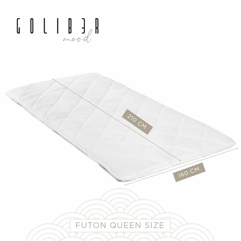 Futon Japones Tradicional (Shikibuton) - Funda del Futón 100% en Algodon - Facil de Enrollar y Guardar - Grueso, Esponjoso, Suave, Pero Muy Firme y de Apoyo (Queen 160 x 210 cm)