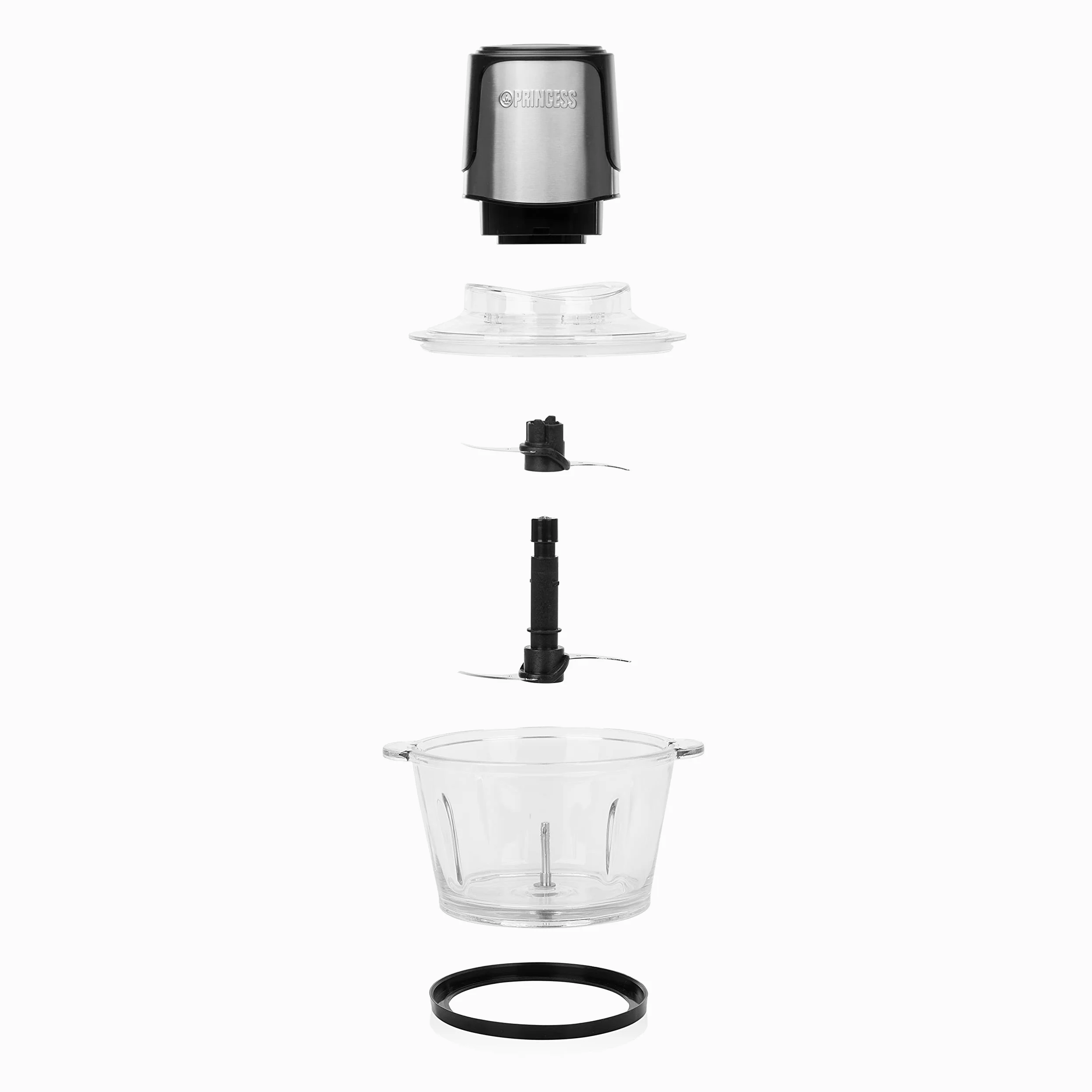 Princess 221052 Picadora eléctrica de alimentos Duo XL, 4 Cuchillas de Acero Inoxidable, Bol de Vidrio con indicador de nivel de 1.5 L, picadora de cocina para carne, verdura, fruta y hielo, 300 W