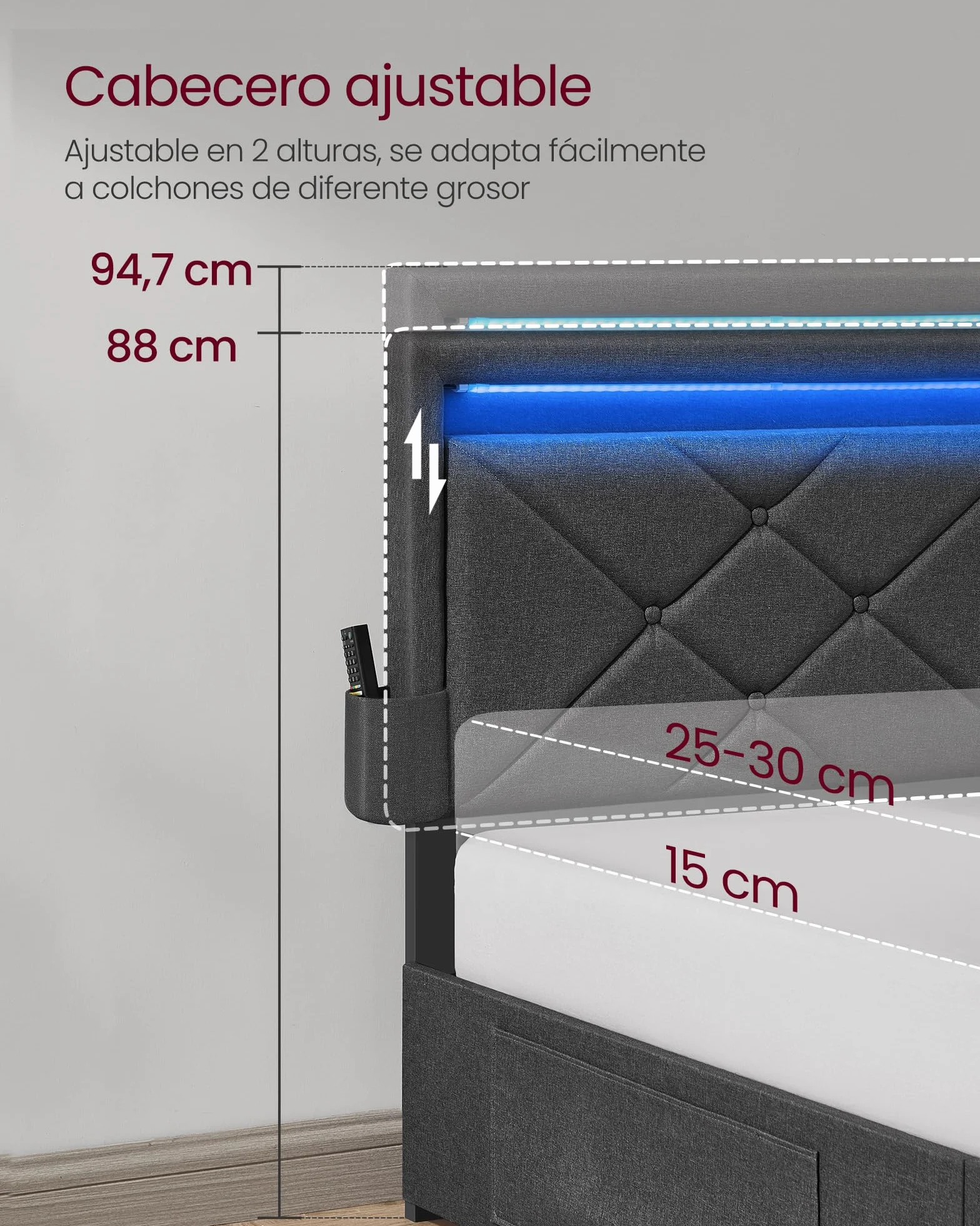 VASAGLE Marco de Cama Matrimonio, Base con Listones, 140 x 200 cm, LED, Metal, 4 Cajones, Estación de Carga, Cabecero Acolchado Ajustable, Gris Pizarra RMB827G02