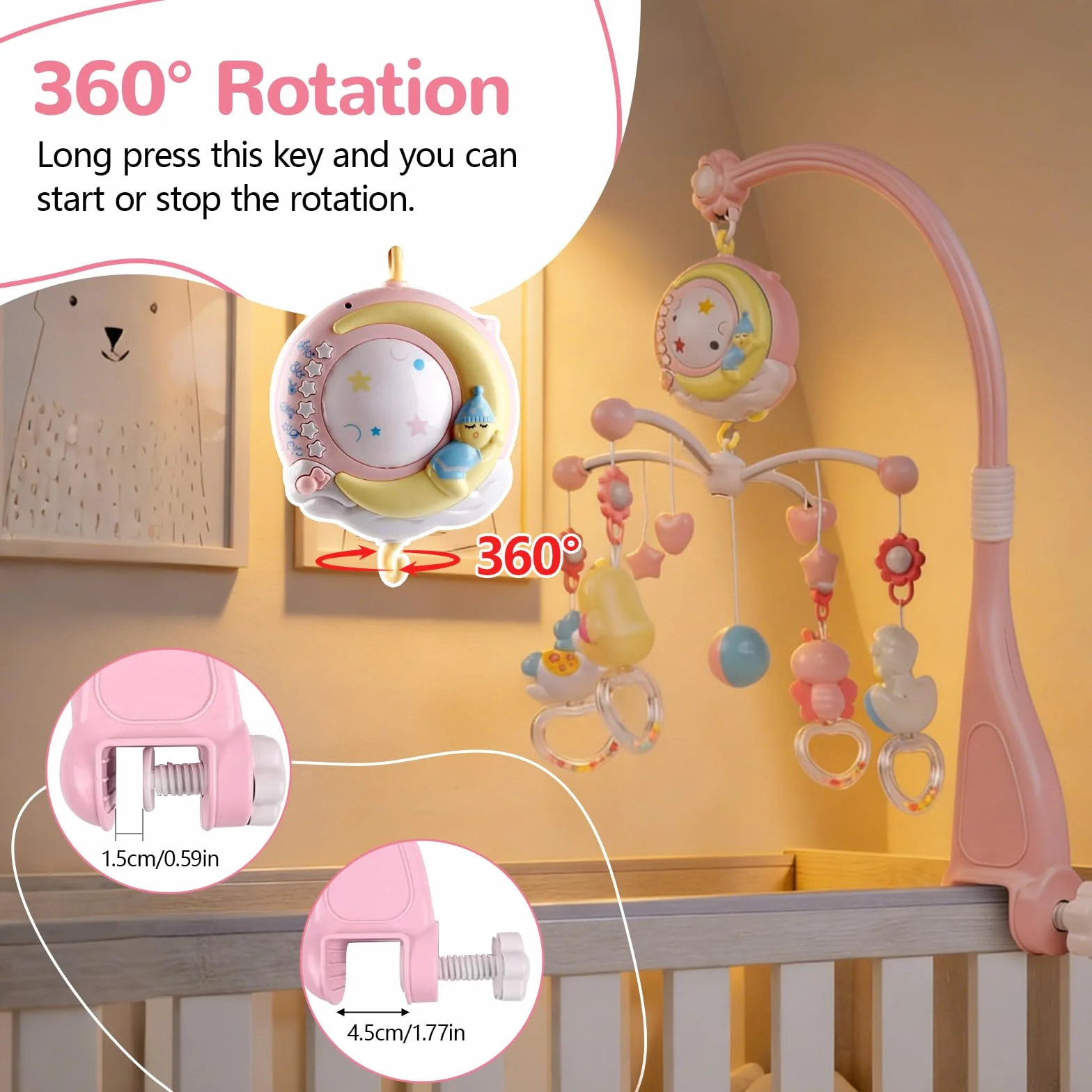 Movil Cuna Bebe, Móvil Musical para Cuna de Bebé con Proyector y Luz de Noche, Colgando Girando Sonajeros y 150 Melodias Mando a Distancia Caja de Musica, Movil Cuna Extraíble Juguete Cuna Bebé
