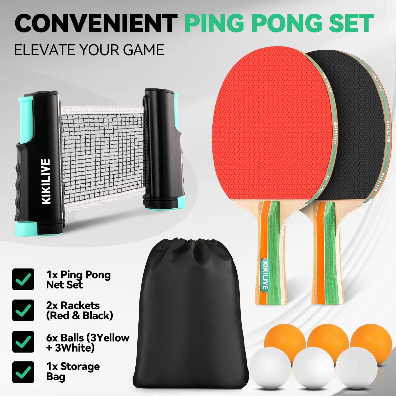 Set de Ping Pong Portátil con Red Extensible, 2 Paletas, 6 Pelotas y Bolsa de Transporte