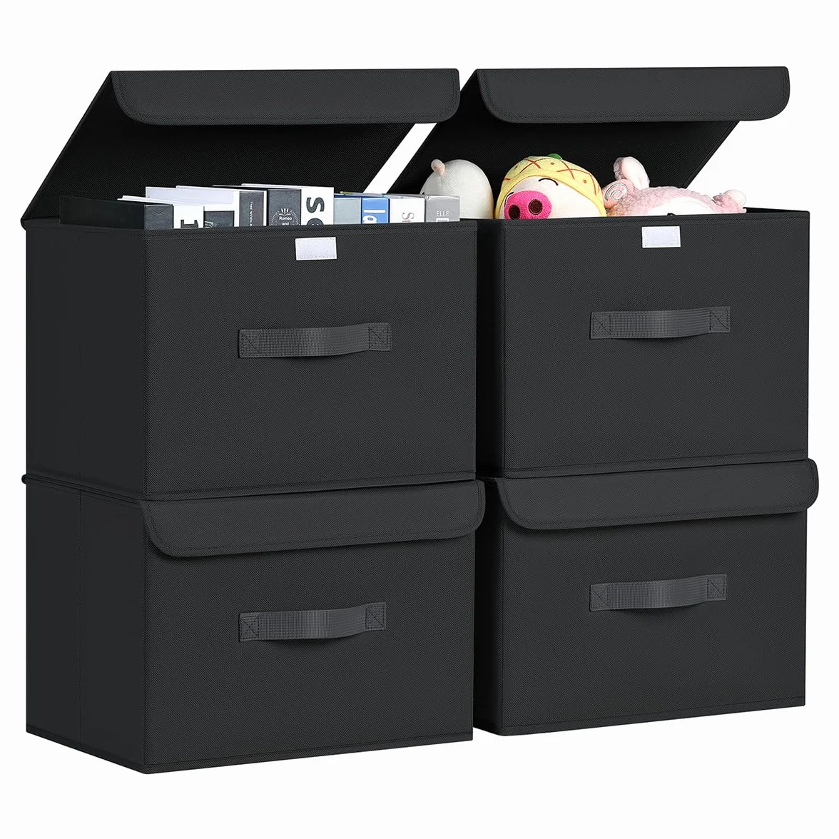 DIMJ 4 Piezas Cajas Organizadoras con Tapa Cajas de Almacenamiento Plegables Fabricadas en Tela con Asas Ideal Para Guardar Ropa, Zapatos, Ideal Para Guardar Juguetes, Ropa Y Cachivaches, Negro