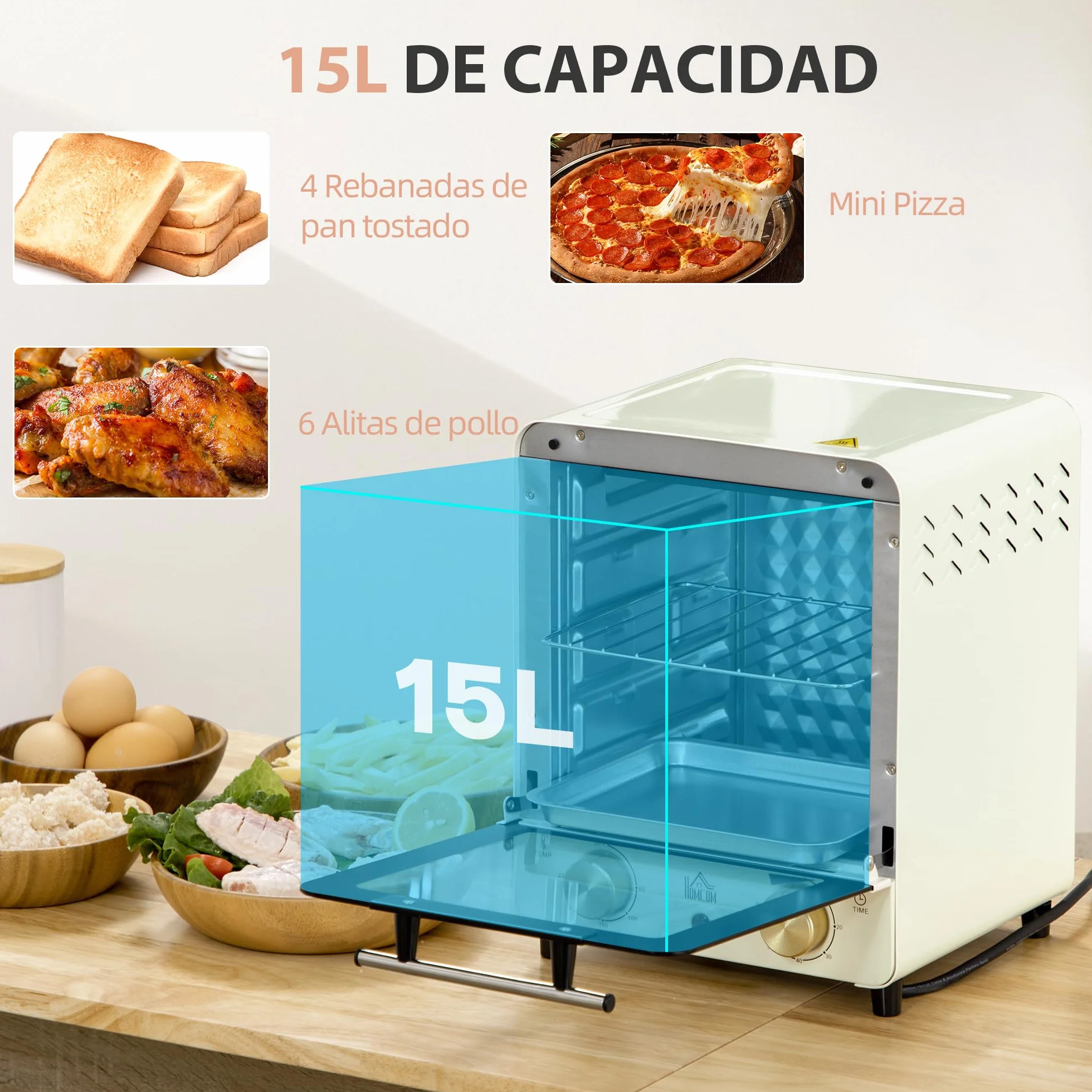 HOMCOM Horno Eléctrico Sobremesa 15 Litros 1000W Horno Portátil Mini Horno con Temperatura hasta 230 ℃ Temporizador Bandeja y Rejilla 25,5x27,5x32 cm Crema