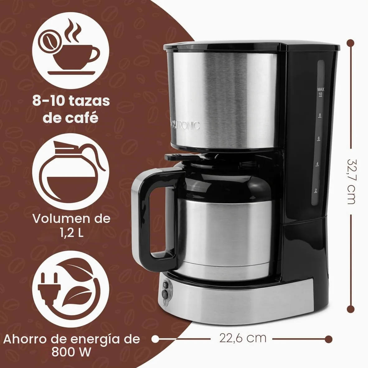 Clatronic, cafetera acero inoxidable, protección antigoteo, portafiltro, jarra termo 1,2L, KA3805, acero inoxidable/negro