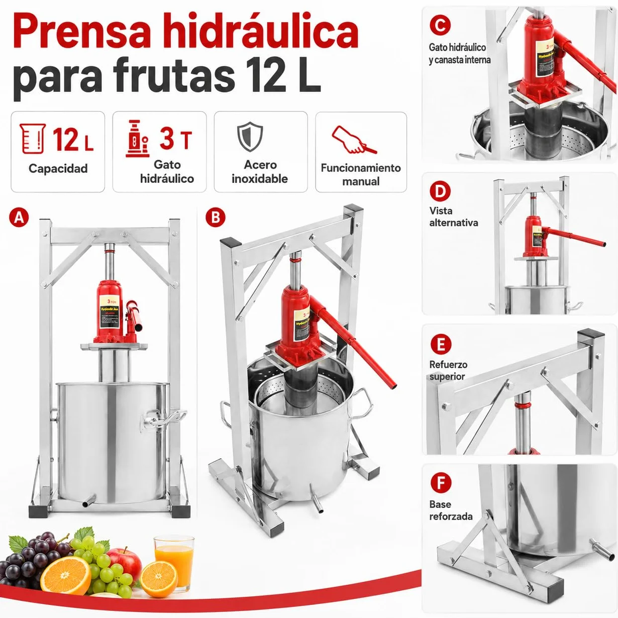 Prensa Hidráulica para Frutas 12L, Prensa Manual de Acero Inoxidable 201/304 con Gato 3T con Tambor, Marco de Prensa y Conector Hidráulico para Uvas, Manzanas, Sidra, Vino y Zumo