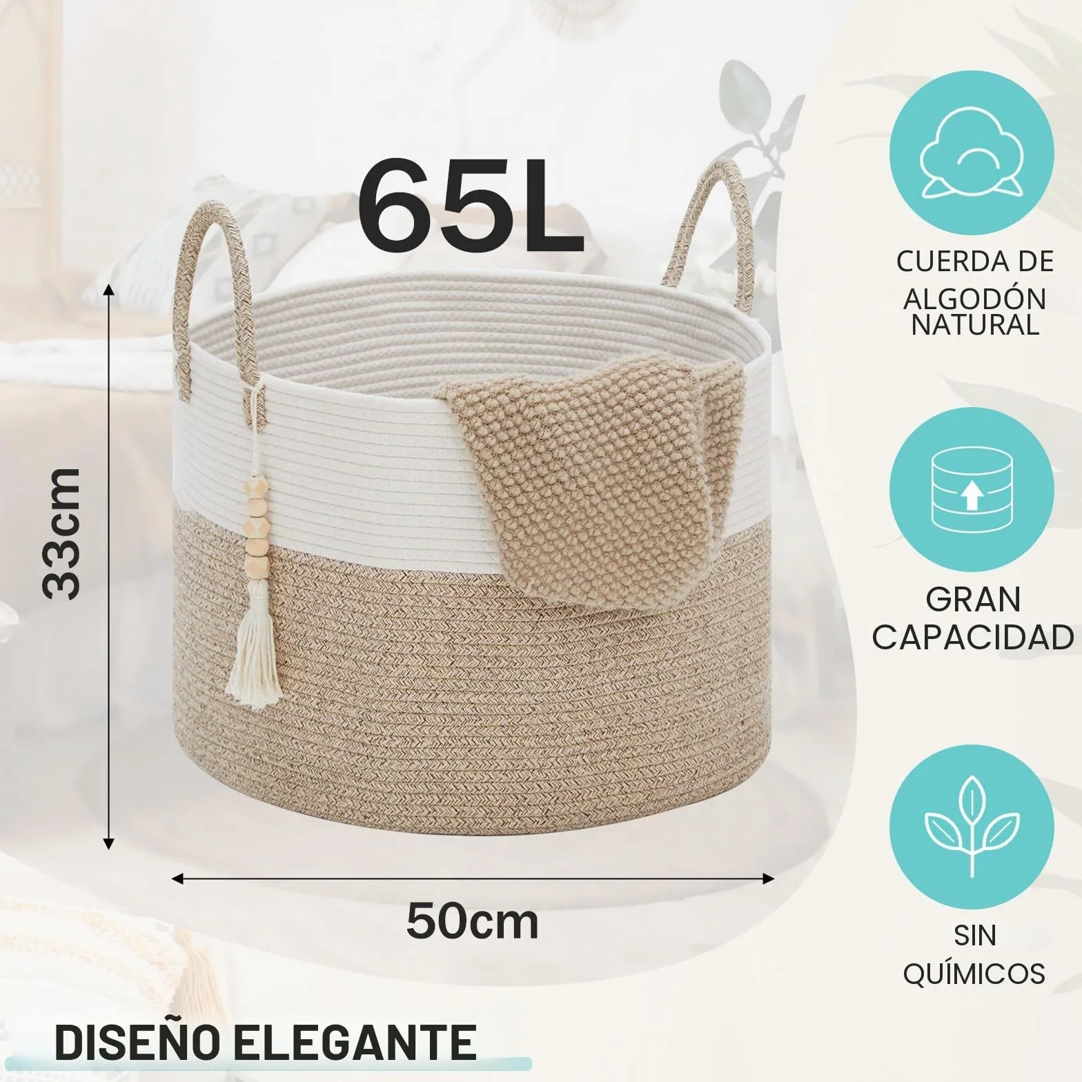 YOUDENOVA Cesta de lavandería con cuentas colgantes de madera, cesta de almacenamiento de juguetes para niños, cesta de manta de cuerda de algodón grande, cesta de almacenamiento tejida para