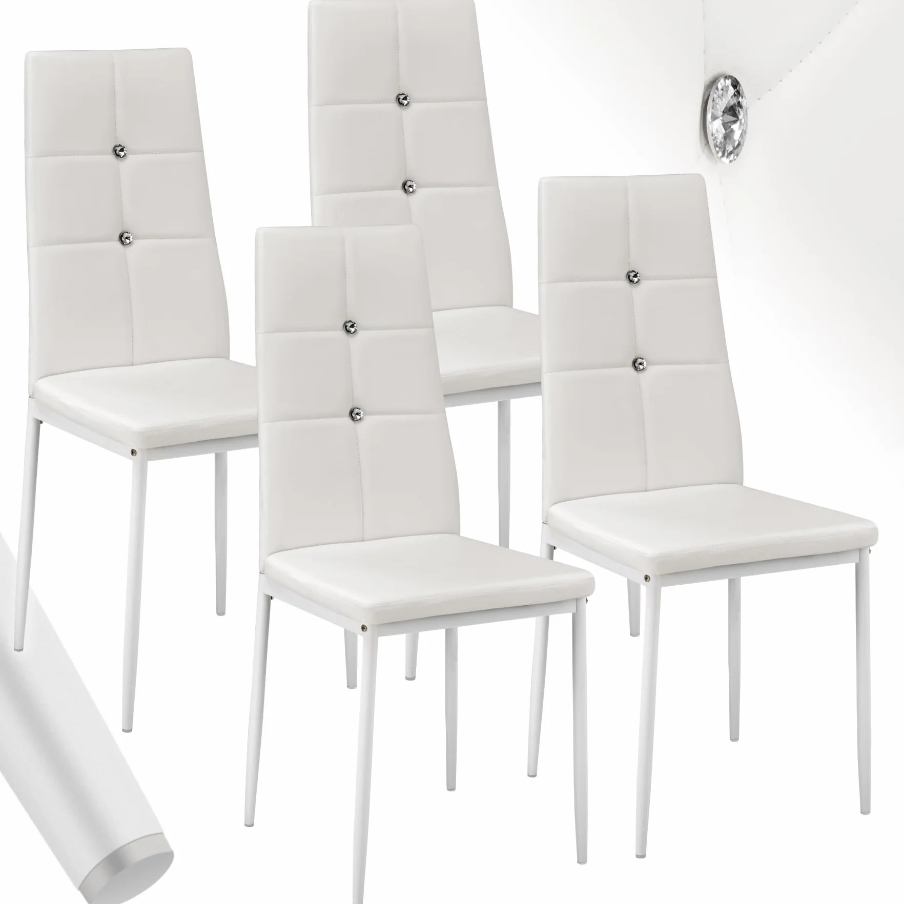 tectake® Silla de Comedor, Asiento y Respaldo Acolchado, Piel Sintética, Piedras Brillantes, Sillas Modernas, Sillas Cocina, Alta Capacidad de Carga, Montaje Rápido - 4 Sillas Blanco