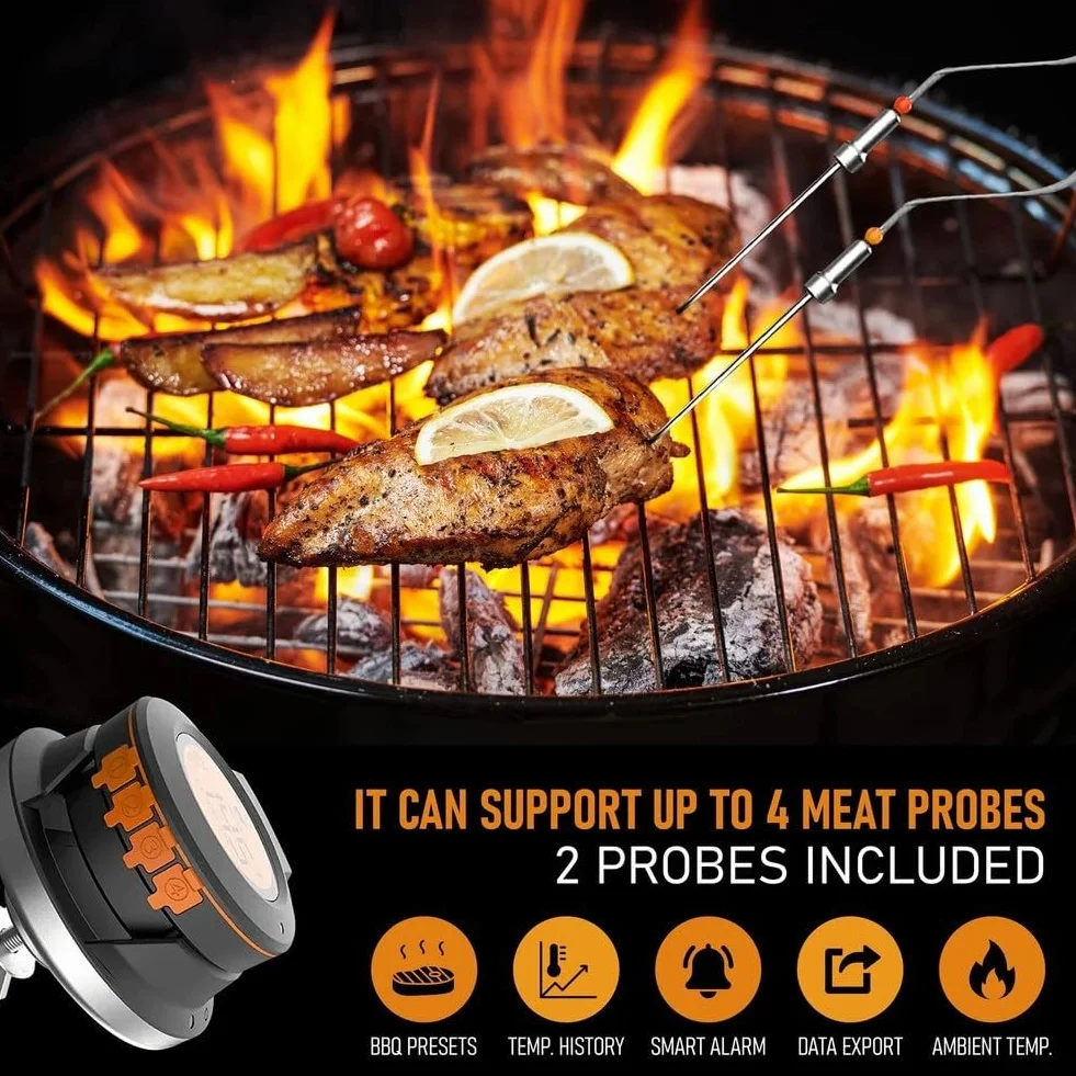 Termómetro inalámbrico para carne con 4 sondas, parrilla digital para cocinar, termómetro de alimentos de acero inoxidable, control de aplicación de largo alcance (termómetro+2 sondas)