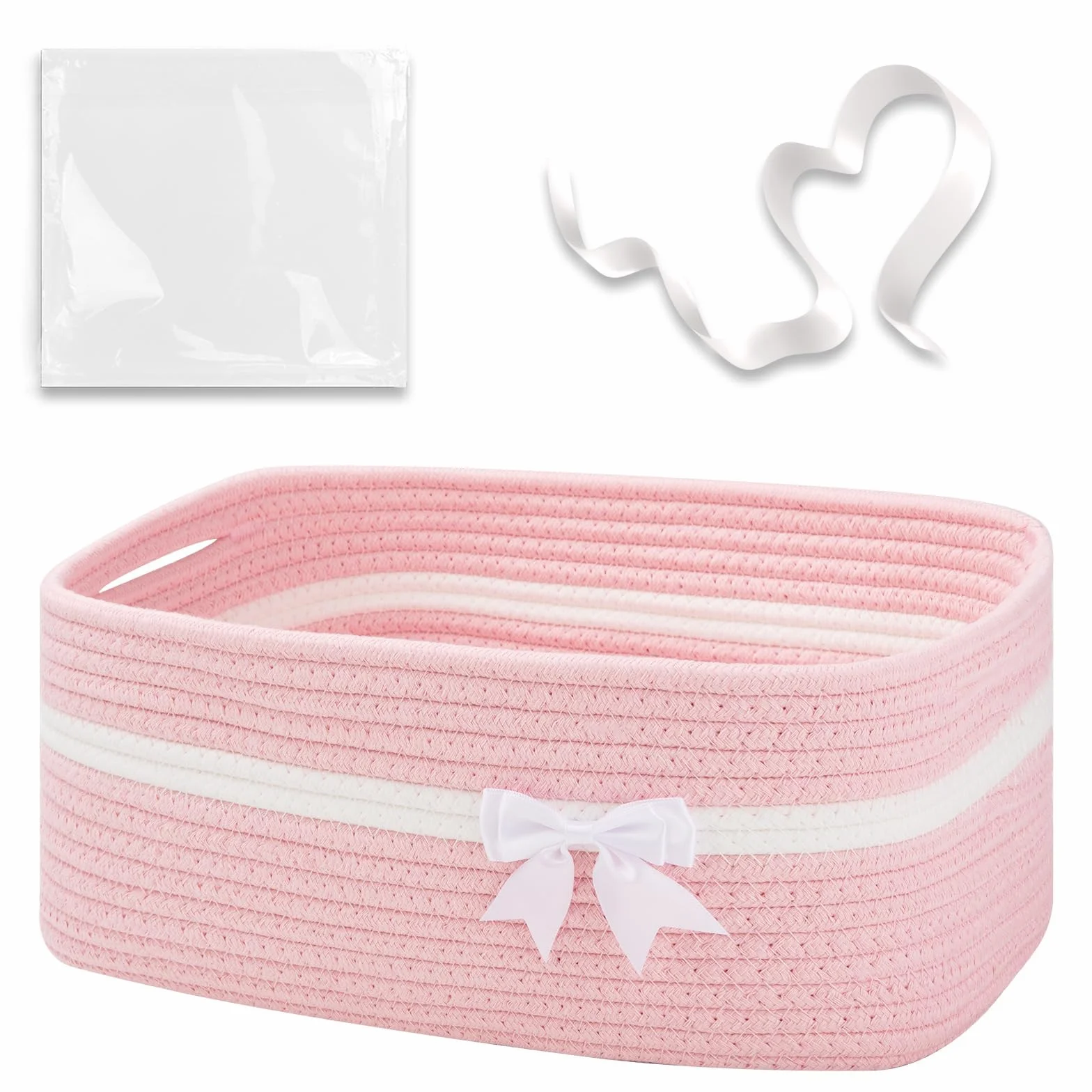 Cesta organizadora rosa trenzada cuerda algodón 34x15x25 cm para baby shower decoración hogar almacenamiento