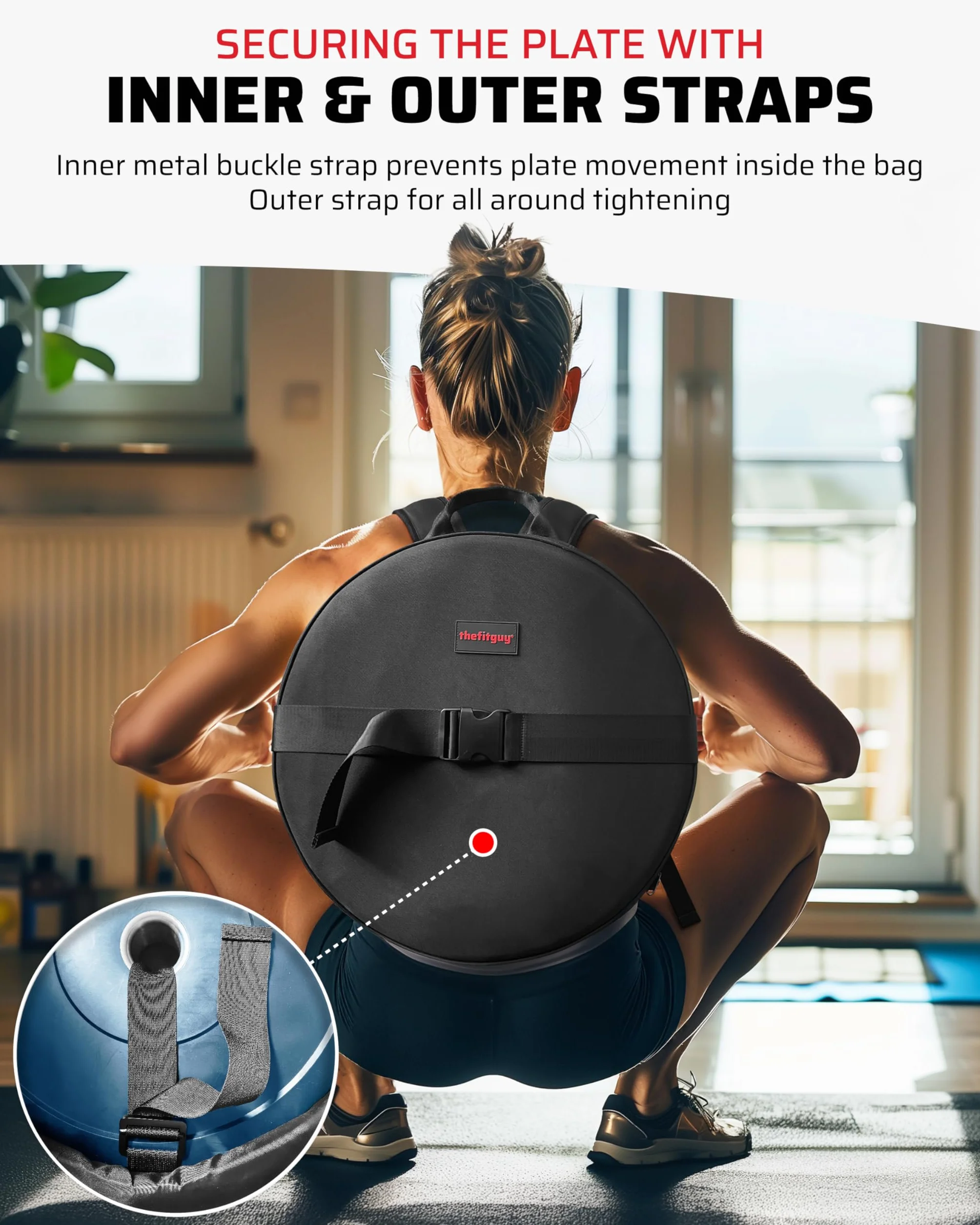 THEFITGUY Mochila pesada para pesas de gimnasio, para flexiones, elevaciones de pantorrillas, sentadillas, uso en la espalda o en la parte delantera, se adapta a placas de hasta 17.5 pulgadas de