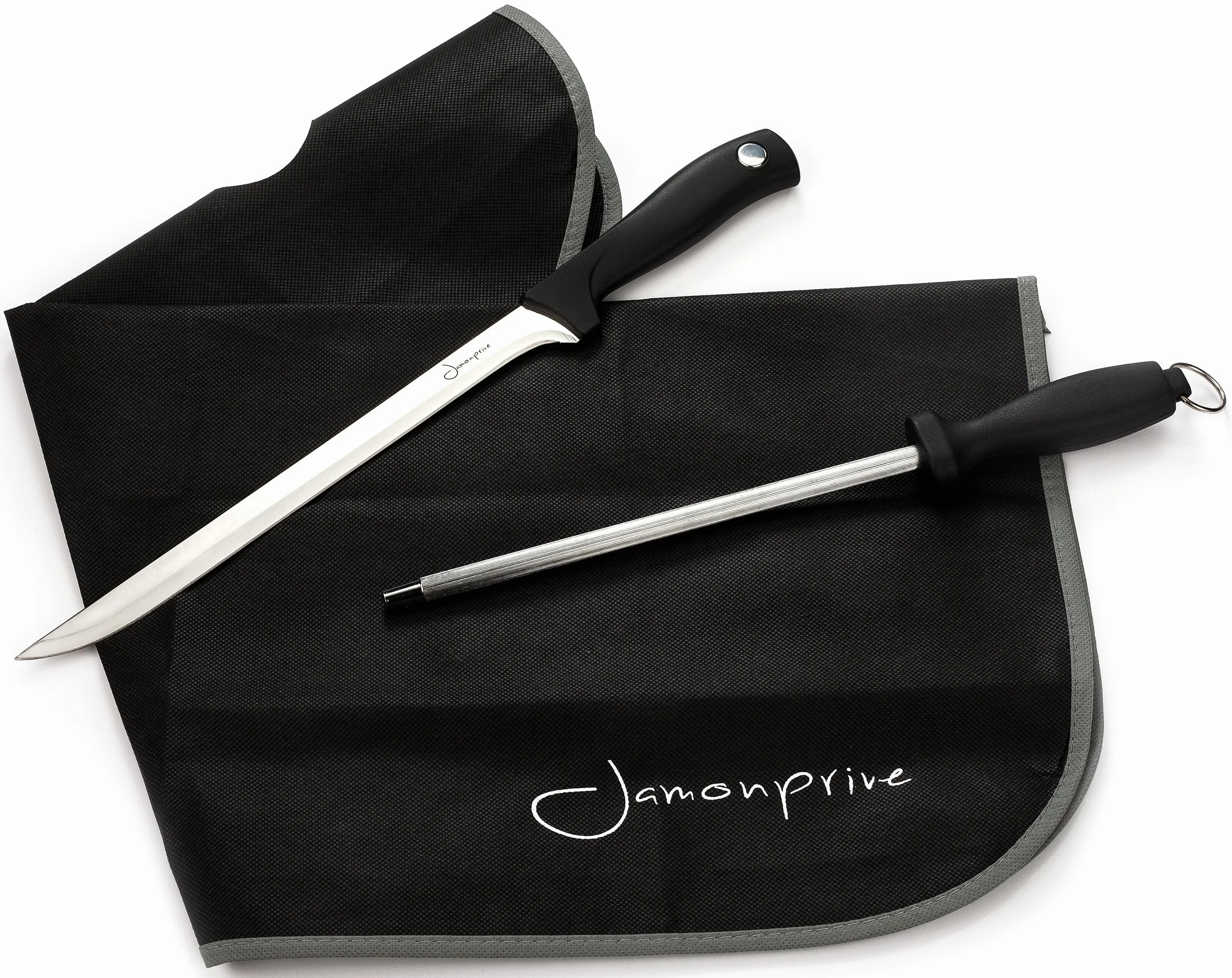 Cuchillo Jamonero con Chaira y Cubre Jamón - Set Profesional para el Corte de Jamón Serrano e Ibérico