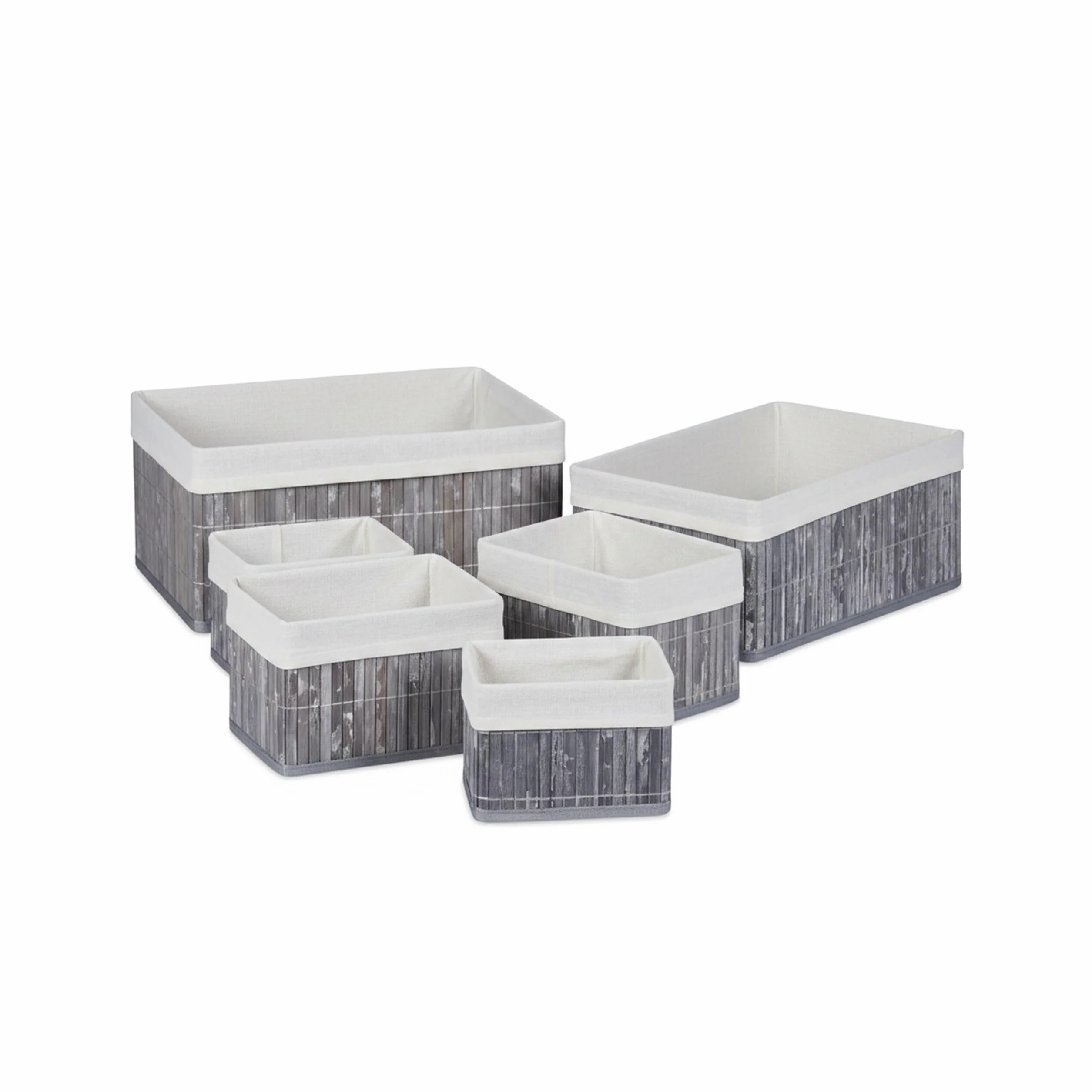 Relaxdays Set de Seis cestas de almacenaje, Funda de Tela, Bambú, Cuadrado y Rectangular, Organizador, Gris
