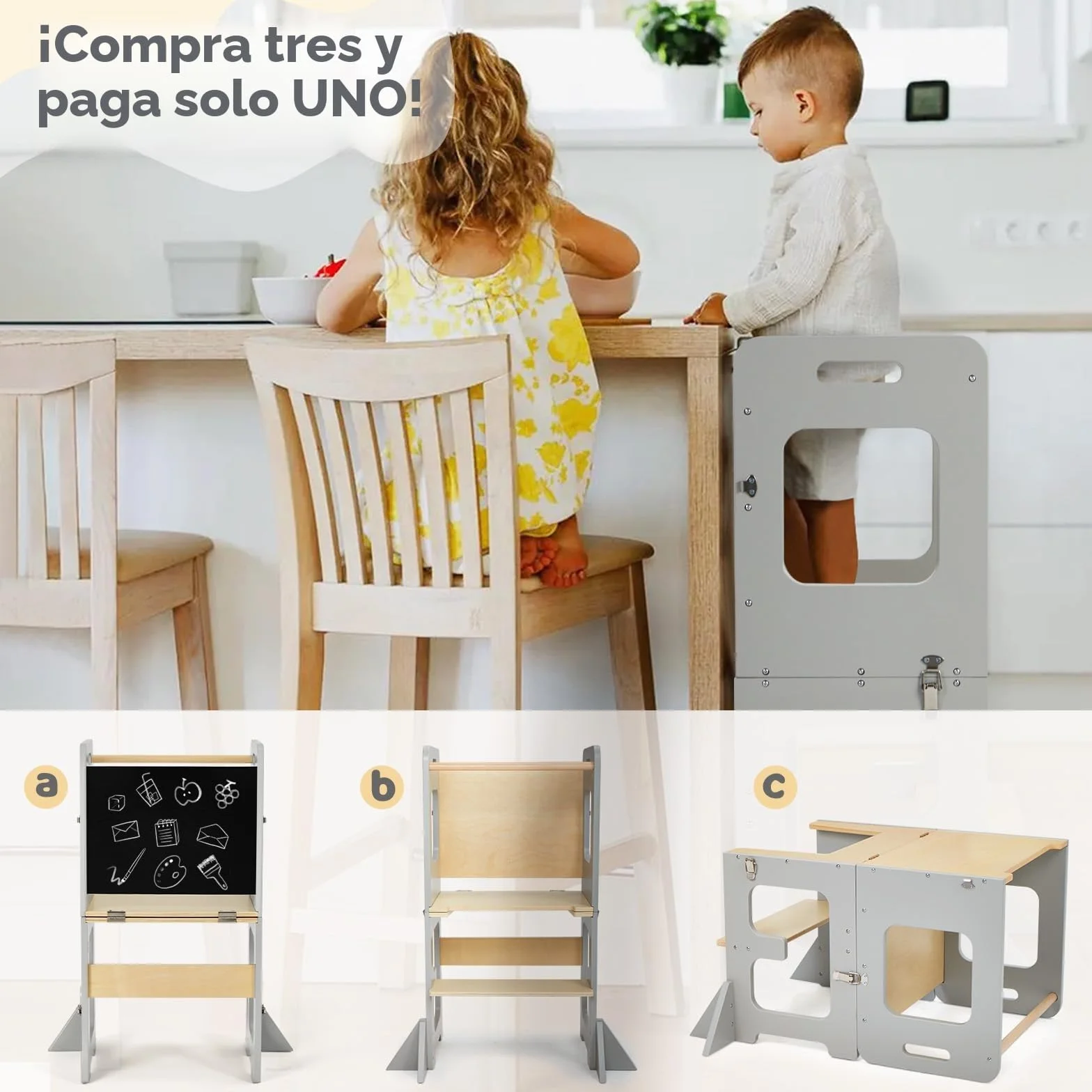 Labebe Torre de Aprendizaje Infantil 3 en 1 Plegable con Pizarra, Montessori para niños a Partir de 1 año