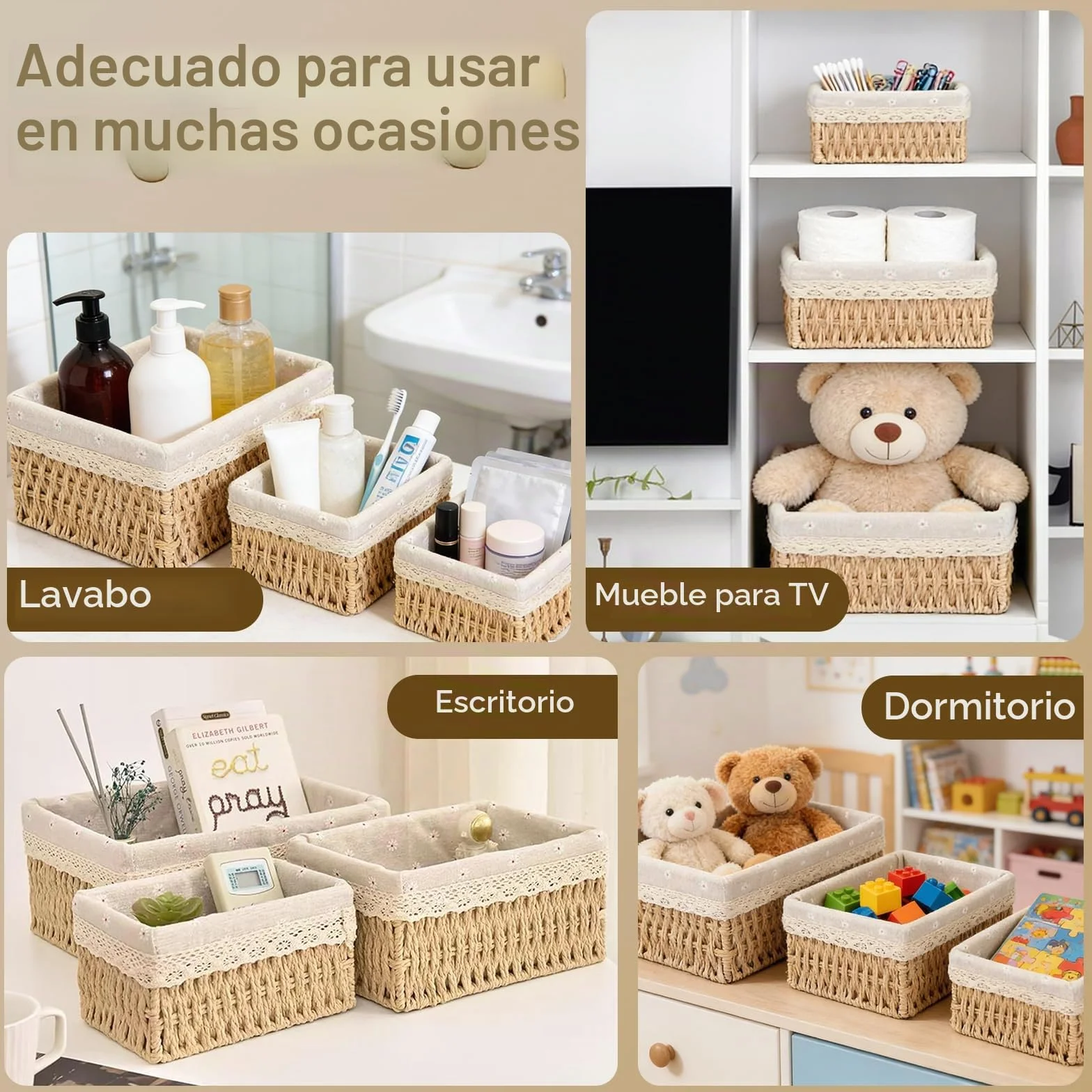 Cestas Tejidas de Almacenamiento con Forro Desmontable, Cesta de Juguetes y Baño, Beige L+M+S