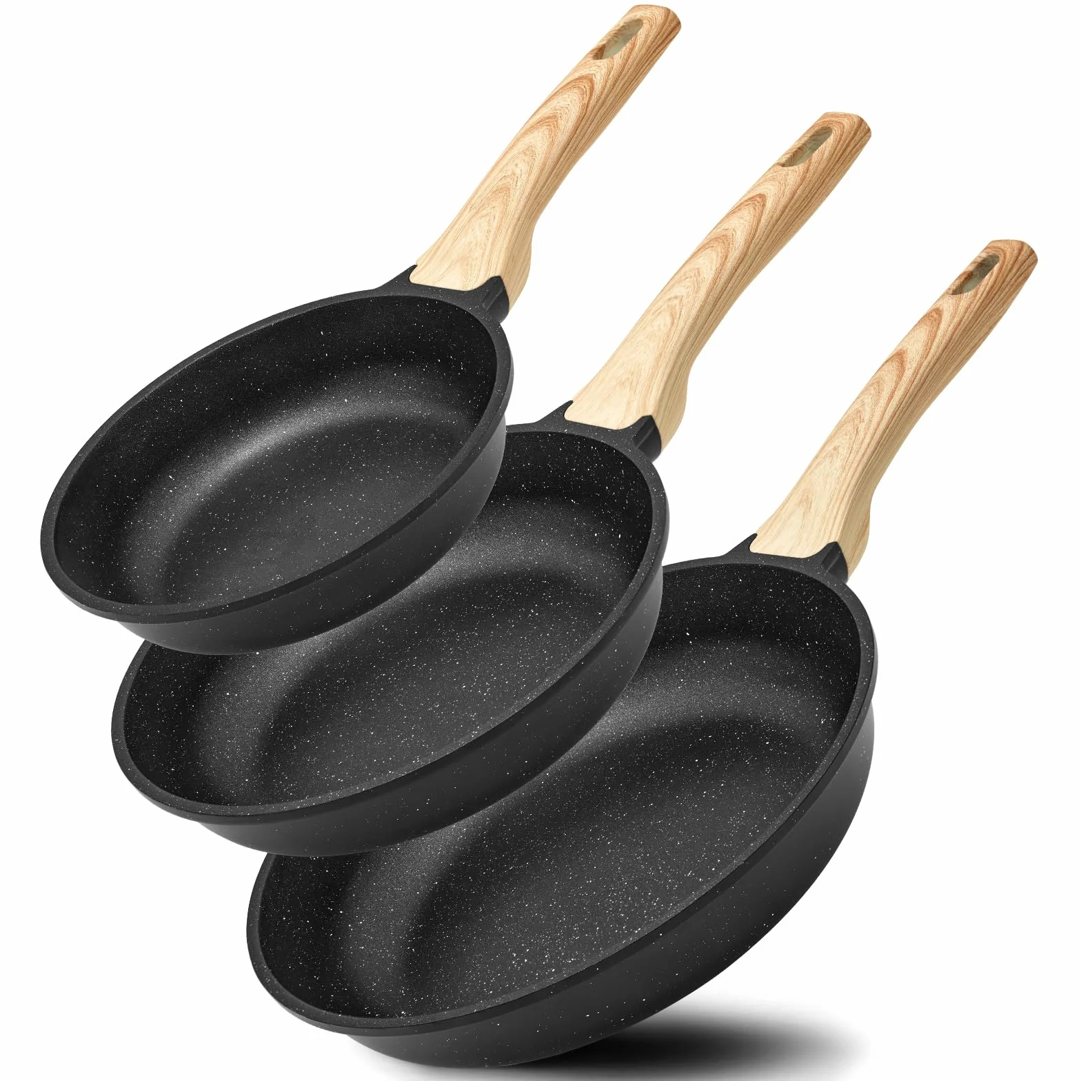 BLAZANT Juego de sartenes antiadherentes de inducción 20+24+28 cm, sartén de inducción para todas las cocinas, sartenes sin PFAS, fácil de limpiar, mango resistente al calor, granito