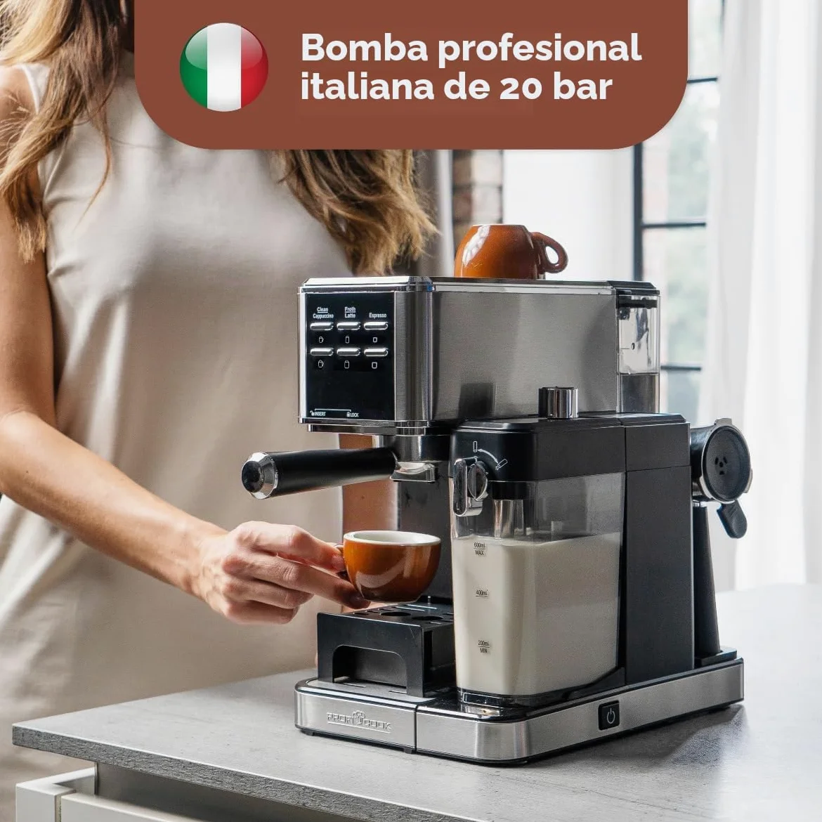 ProfiCook® cafetera espresso 2en1 para café en polvo y cápsulas compatibles Nespresso - máquina portafiltro 20 bar - con sistema de leche para latte y cappuccino- portafiltro para espresso- PC-ES 1266