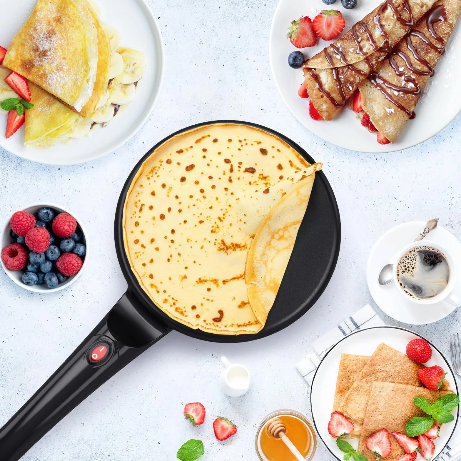 SNAILAR Crepera, 800W Crepera Electrica con Mango, Revestimiento Antiadherente, Superficie Calentada de 20 cm de Diámetro, Incluye Cuenco de Comida, Fácil de Manejar y de Limpiar