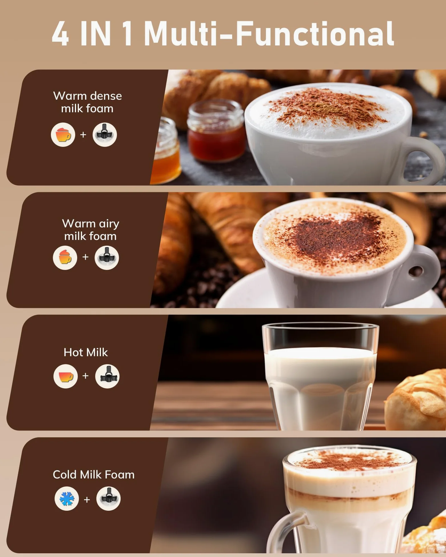 Morpilot - Espumador eléctrico de leche 4 en 1 con espuma caliente y fría y calentador de leche, emulsionador automático 400 W 240 ml para Cappuccino Macchiato Latte