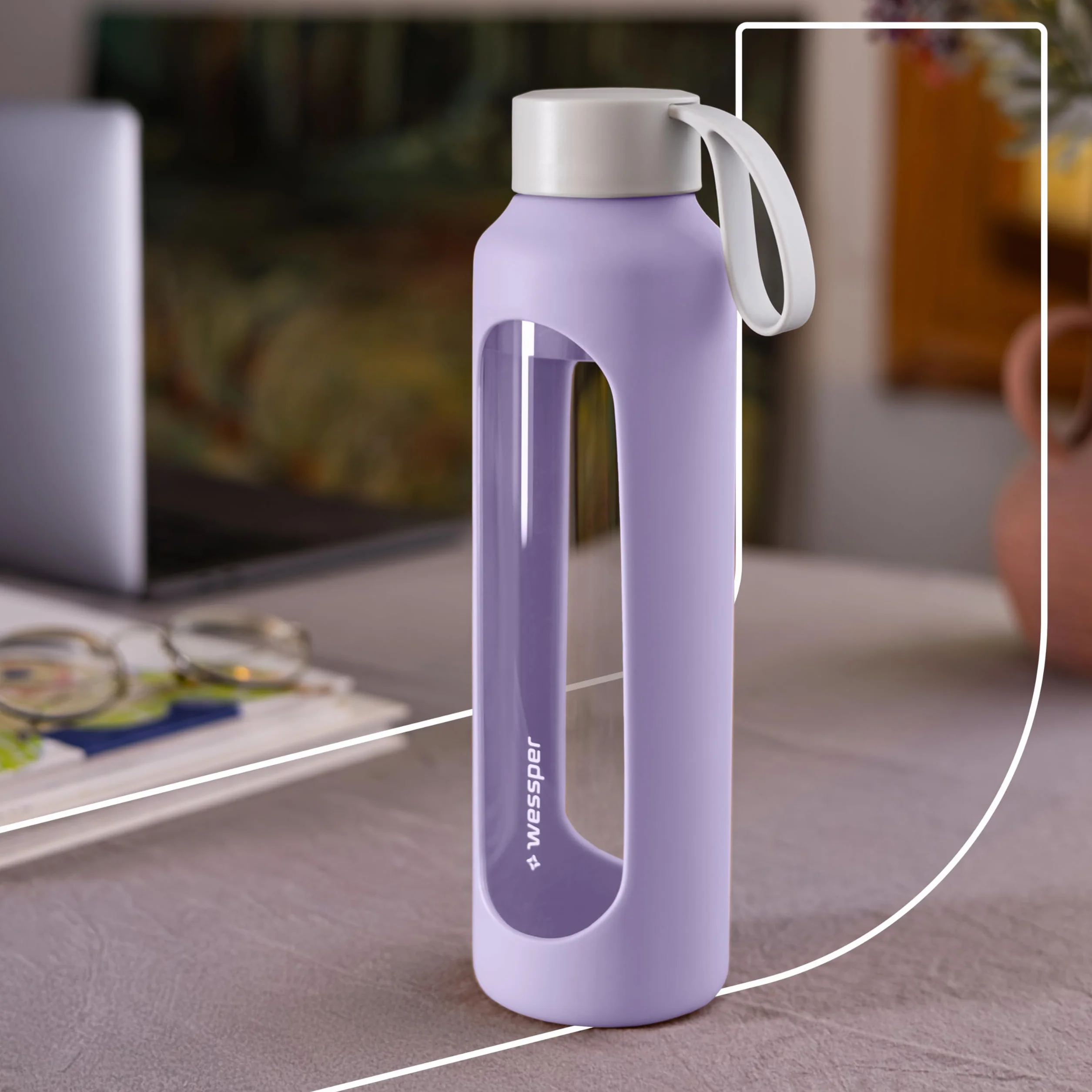 Wessper Botella de Agua Cristal 500 ml con Escala de Hidratación, Vidrio Borosilicato con Funda de Silicona, Sin BPA - Violeta