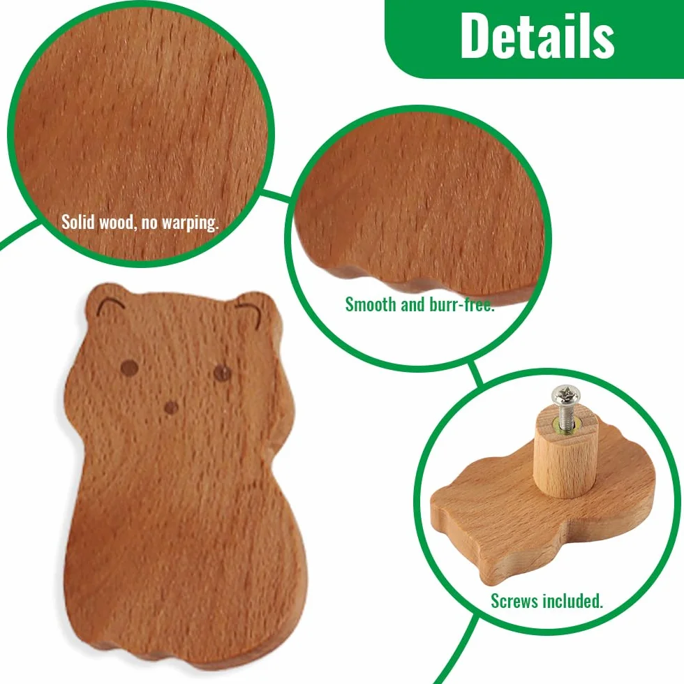 Tiradores Armarios, 6 Piezas Pomos con Adorables Animales para Muebles, Hechos de Madera Maciza con Textura Natural, Ideales para Decorar Habitaciones Infantiles y Tocadores