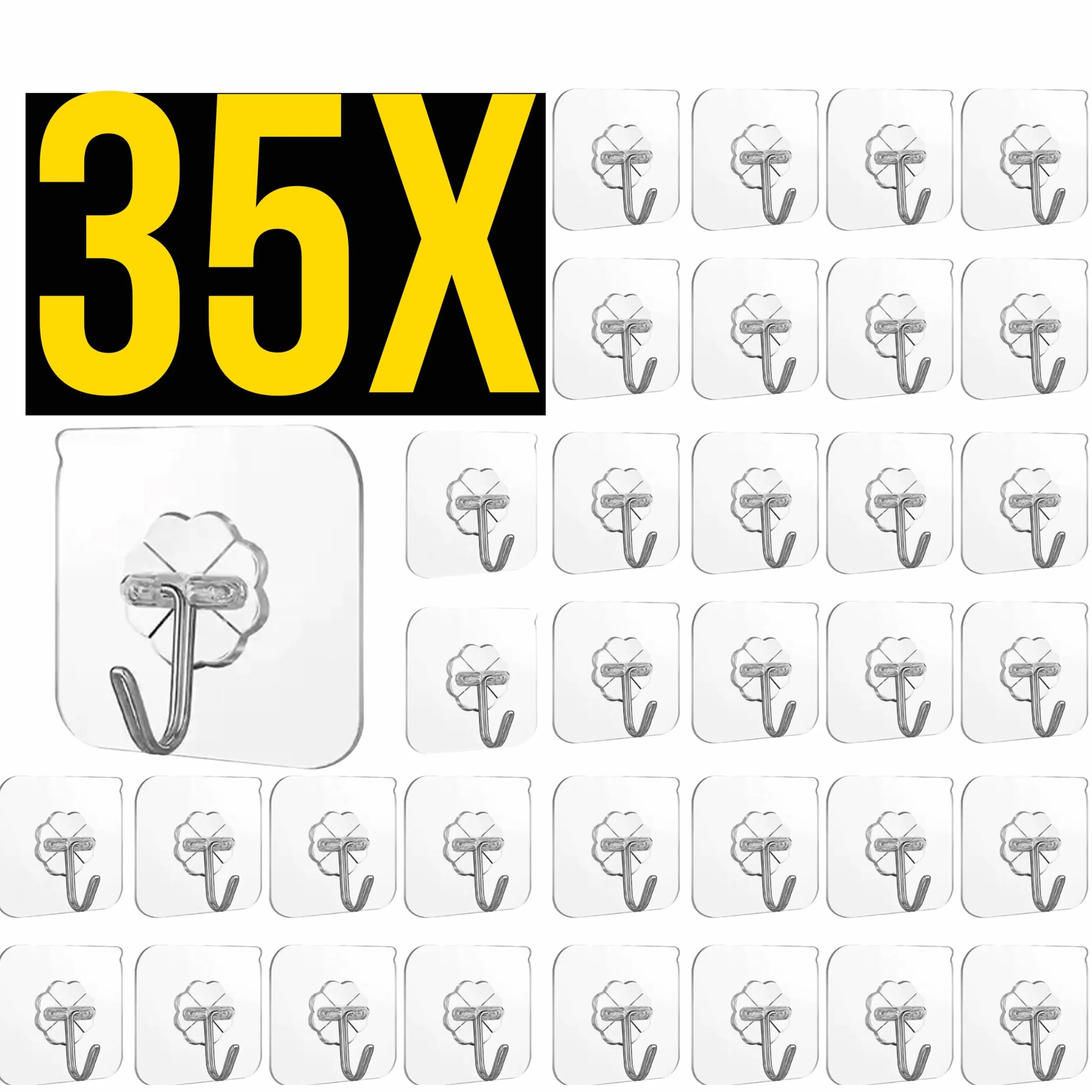 Ganchos Adhesivos Transparentes (35 Unidades) – Potente Fijación, Impermeables – Sin Taladro, para Cocina, Baño y Hogar