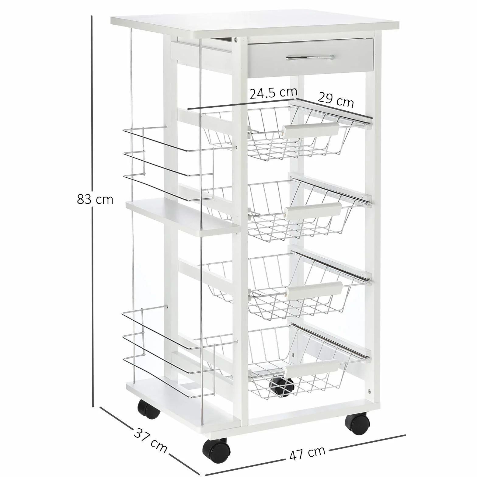 HOMCOM Carrito de Cocina con Ruedas Carro Multiusos con Cajón 4 Cestas Extraíbles de Metal y Bastidores Laterales 47x37x83 cm Blanco