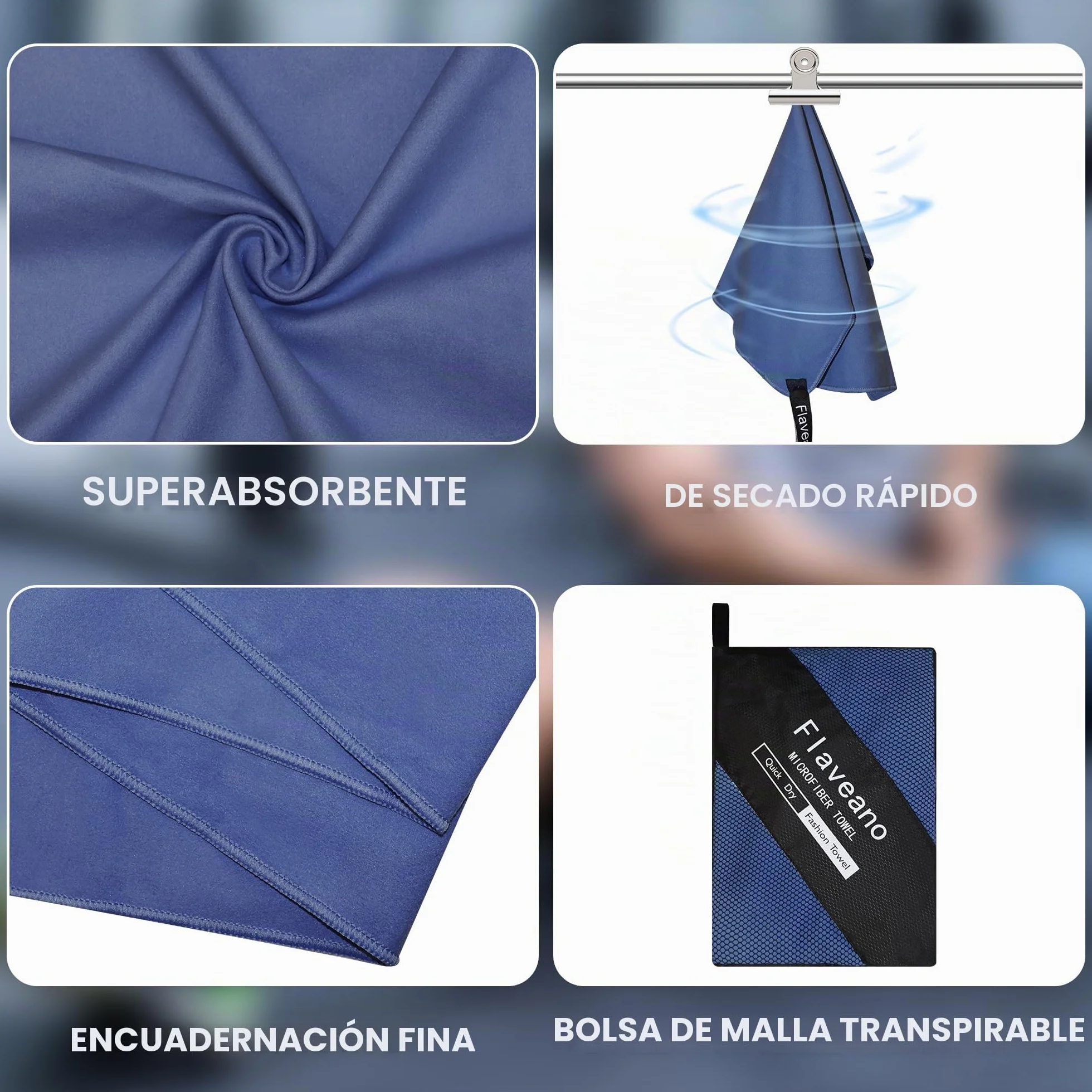 Toalla Microfibra Juego de 3 180x90cm Secado Rápido Viajes Camping Piscina Playa Deportes Azul Marino