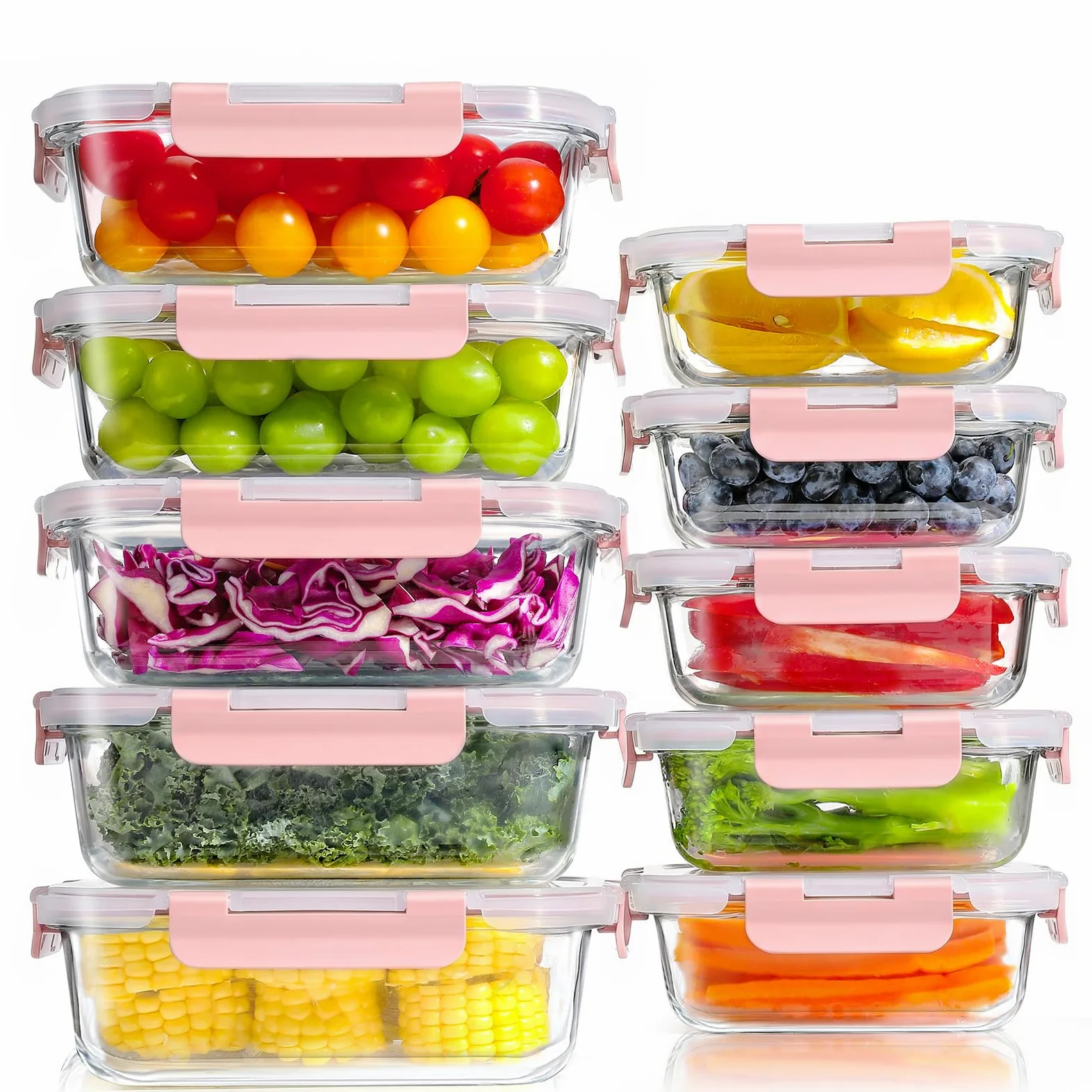 YASHE 10 Piezas Recipientes de Vidrio con Tapas Herméticas, Reutilizables, Apto para Microondas, Horno, Congelador y Lavavajillas, Sin BPA, Fiambrera Cristal, Rosa