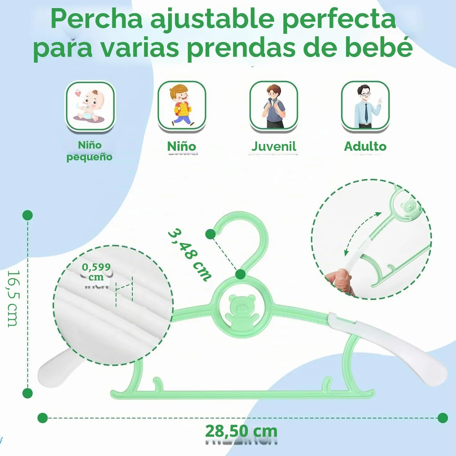 HGYZE - Muletas para niños, para el Armario de recién Nacido y niño y niña, 20 Perchas apilables con Gancho para Osito, Ajustables y Antideslizantes, Perchas para Ropa, Ahorro de Espacio (Verde)