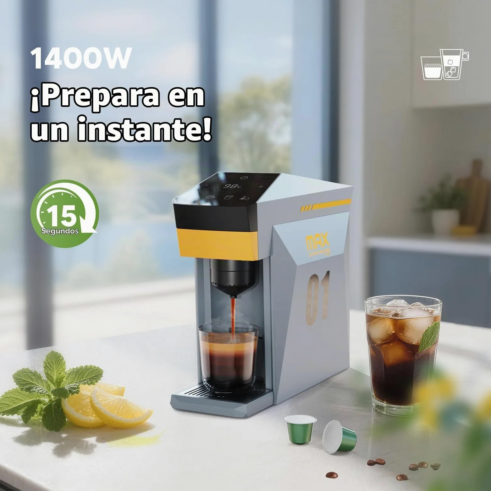 Cafetera 4 en 1, cafetera espresso 19 bares para cápsulas KCup/Nes presso OriginalLine/Dolce Gusto/Café molido, gris nublado
