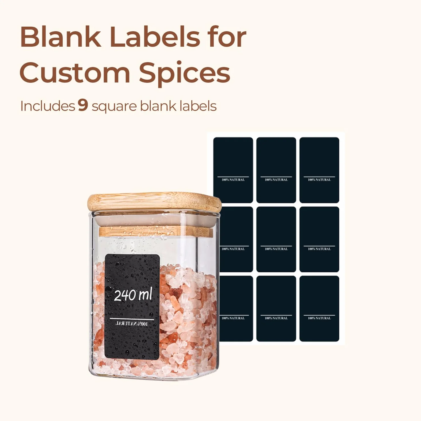 ComSaf 6 tarros de especias de vidrio de 240 ml con tapas y etiqueta, botella de especias de vidrio con tapas de bambú, juego complementario, recipiente pequeño para especias, perfecto para
