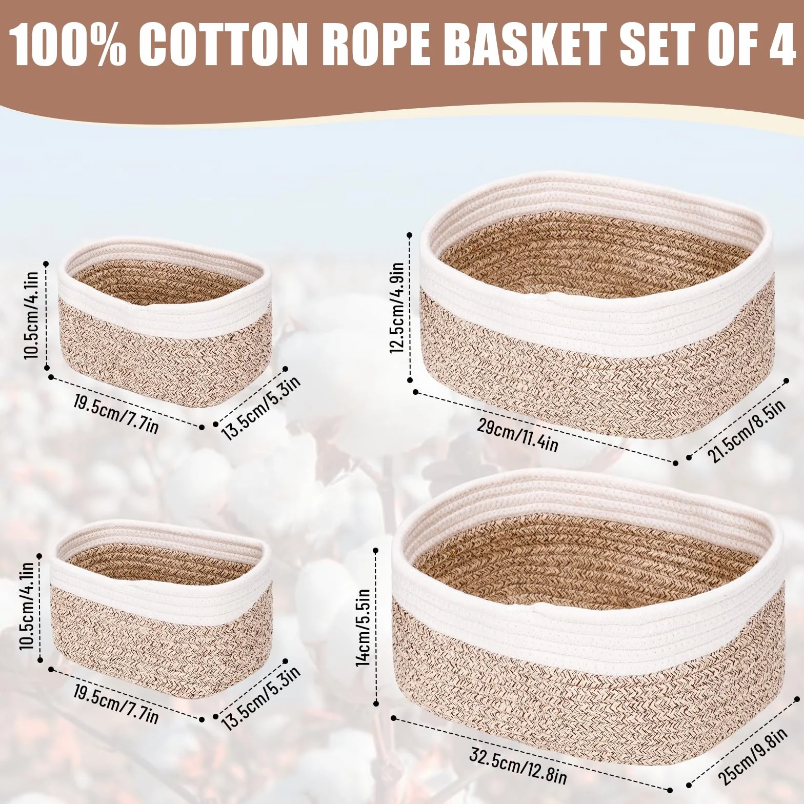 Juego de 4 Cestas Organizador de Cuerda de Algodón Apilables para Baño, Habitación Infantil y Decoración