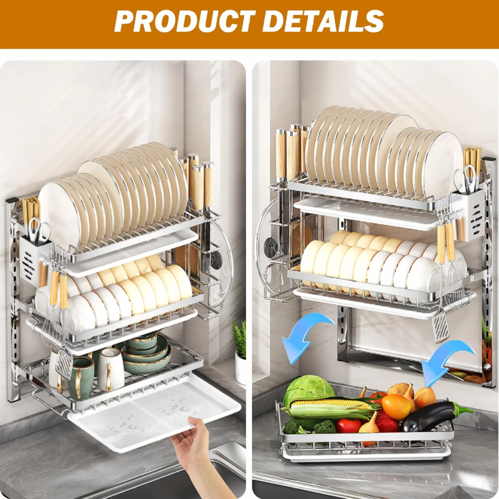 Escurridor de platos colgante montado en la pared, 2/3 niveles, ajustable, ahorra espacio, con escurridor, ganchos y soporte para cubiertos, fácil instalación sin taladrar (tamaño: 2 capas)