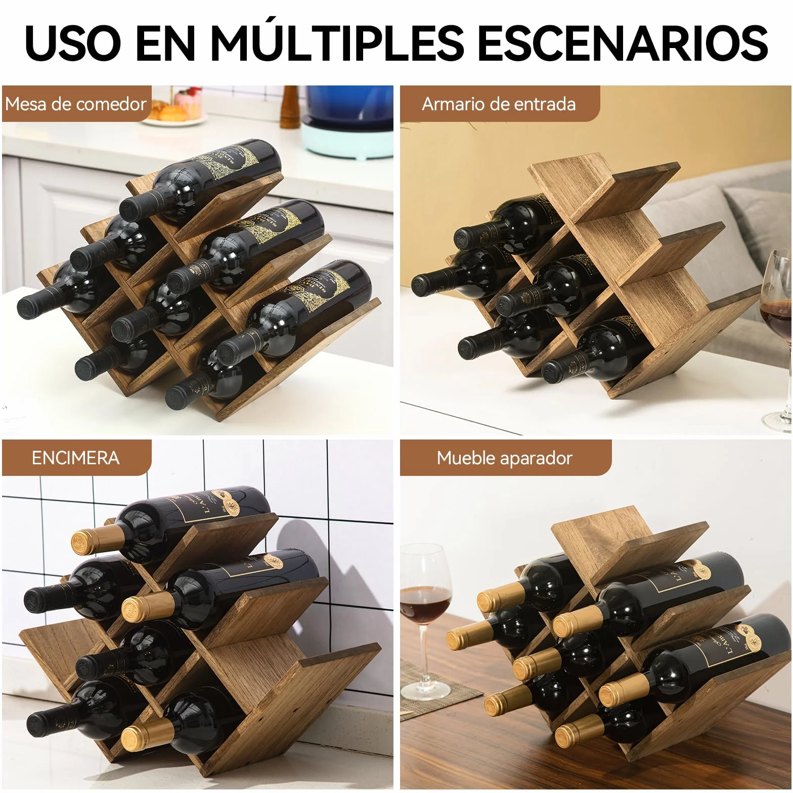 KIRIGEN Wein- & Glas-Organizer aus Holz – Präsentierregal für 8 Flaschen (3-stufig) – Vielseitig für Küche, Esszimmer Oder als Geschenk, Color Marrón