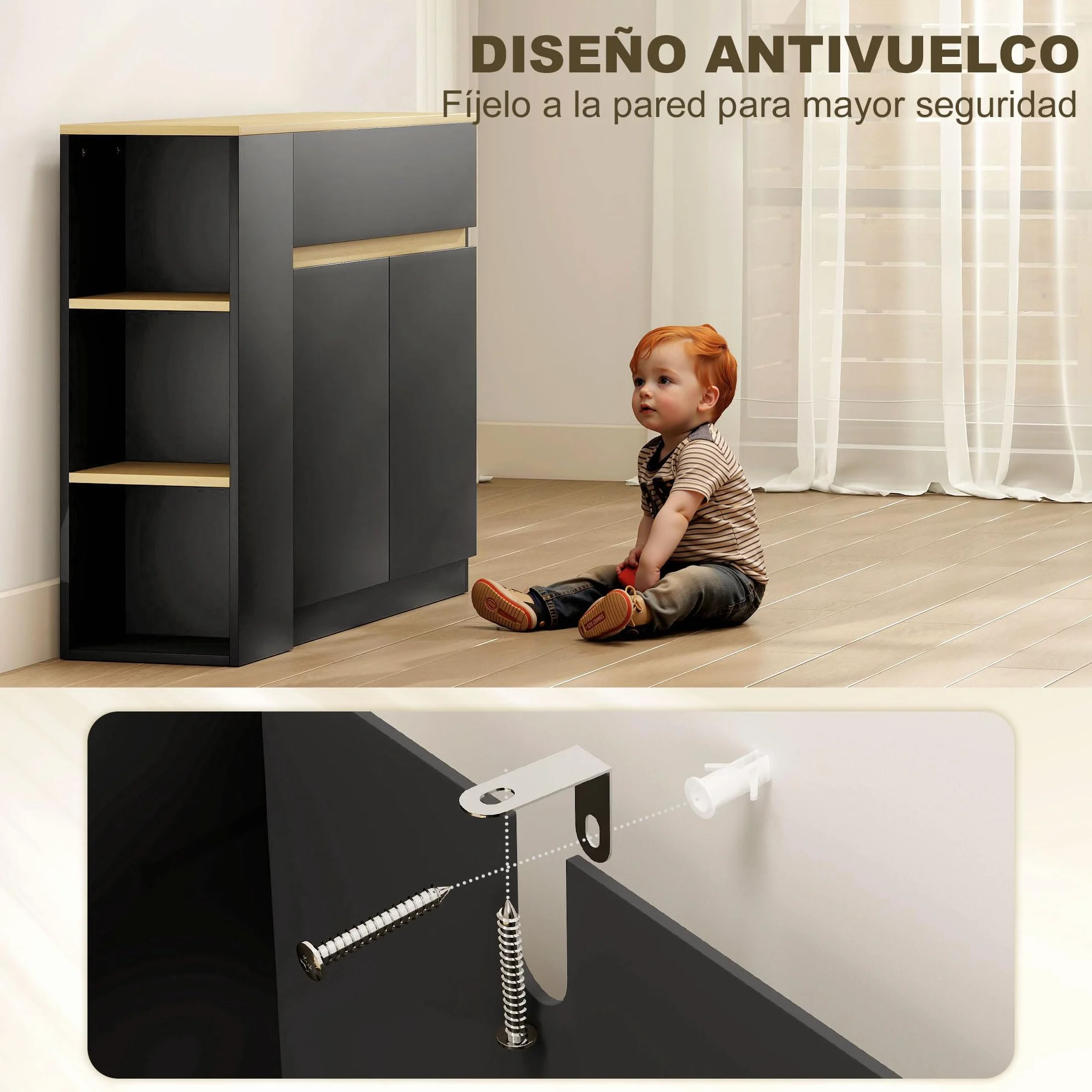 HOMCOM Aparador de Cocina, Armario de Cocina Estrech con 2 Cajones, 3 Estantes Abiertos, 2 Puertas, Estante Ajustable, Aparador Nórdico para Comedor, 110x29,5x82 cm, Negro