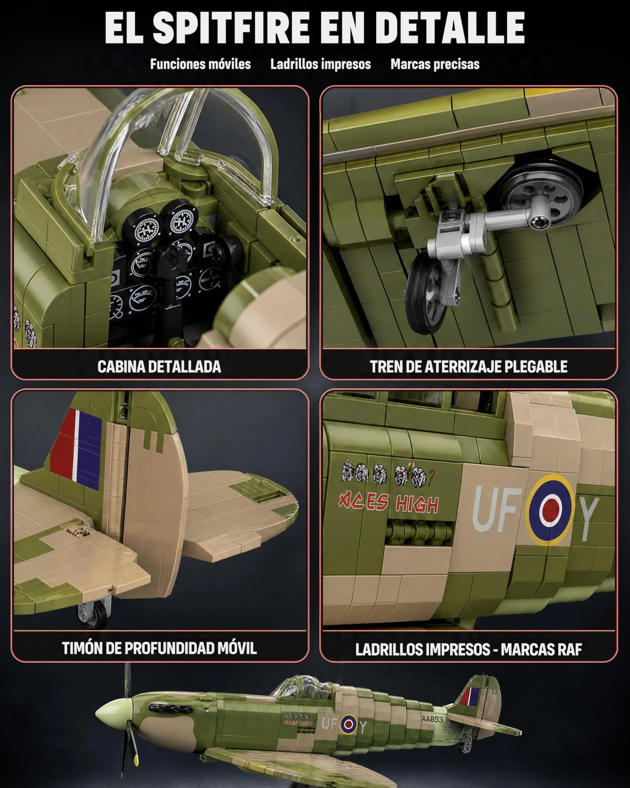 Revell Brick System 00962 Iron Maiden Spitfire MK.II Aces High - Kit de Modelo de ladrillo - Escala 1:18 sin Construir, 52.5 cm de Longitud, más de 2.500 Piezas, Incluye Figura de Eddie, Soporte de