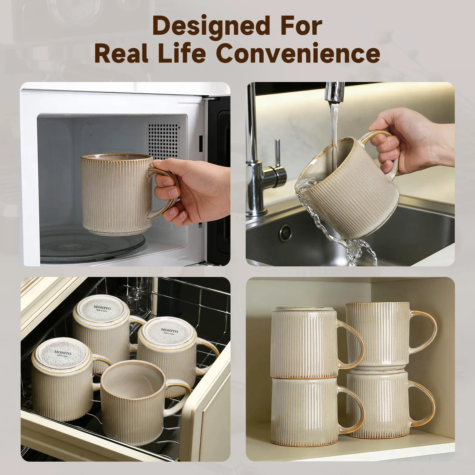 MONITO Juego de 4 tazas de café de 16 onzas, tazas de café de cerámica con asas grandes, adecuadas para latte, té caliente, capuchinos, moca y cacao, beige bonbon