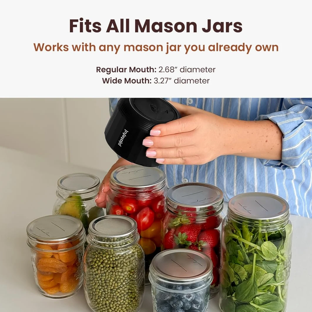 Plateful Kit de sellado al vacío eléctrico para tarros Mason Jar (tapas incluidas) para tarros de boca ancha y boca regular, sellador al vacío portátil, máquina enlatadora de almacenamiento de